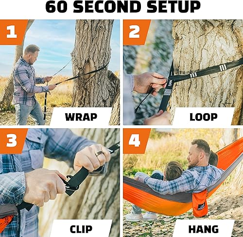 Miniatura 5 de Hamaca MalloMe para una o dos personas, para camping, set de hamaca colgante con 3 correas para árbol, hecha de nailon, es ligera, capacidad para 2