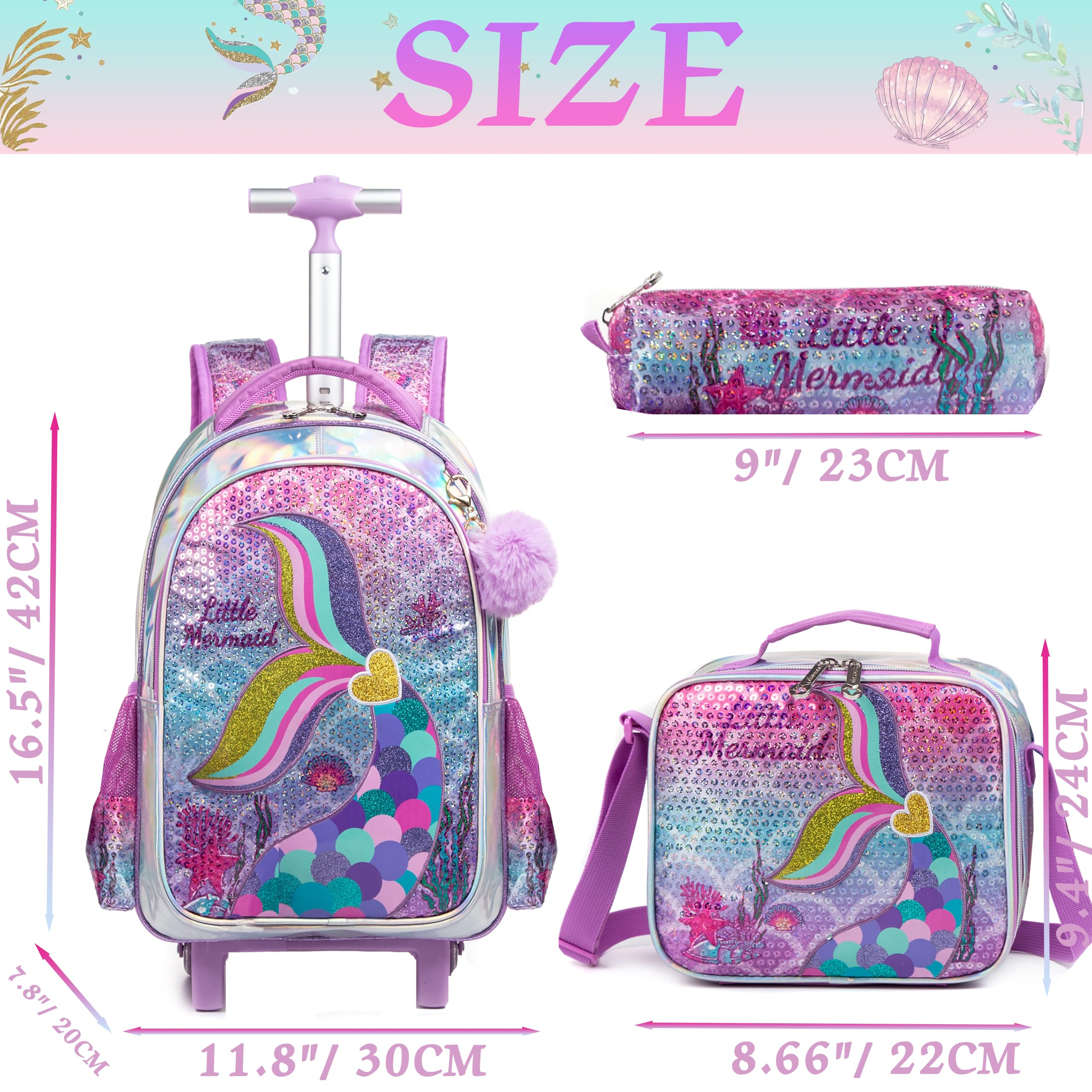 HTgroce Cartable Fille Primaire roulettes, 3 en 1 Cartable Fille Sac à Dos Un Sac à Lunch et Un étui à Crayons