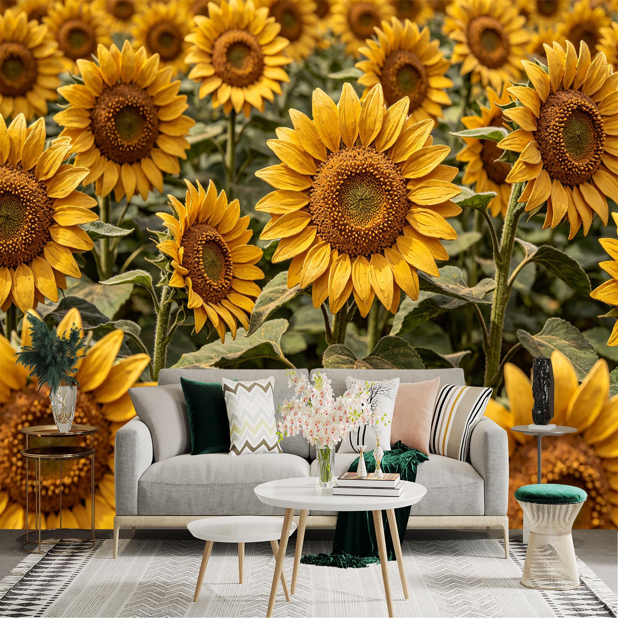 Lnzczhyre Dbh260521871 Custom Size Wall Sticker Mural， Vibrant Golden Sunflowers， Blooming Floral Field， Sunny Summer Garden， Nature Botanical Art， For Wall Decoration， Peelandstick Wall Decals.