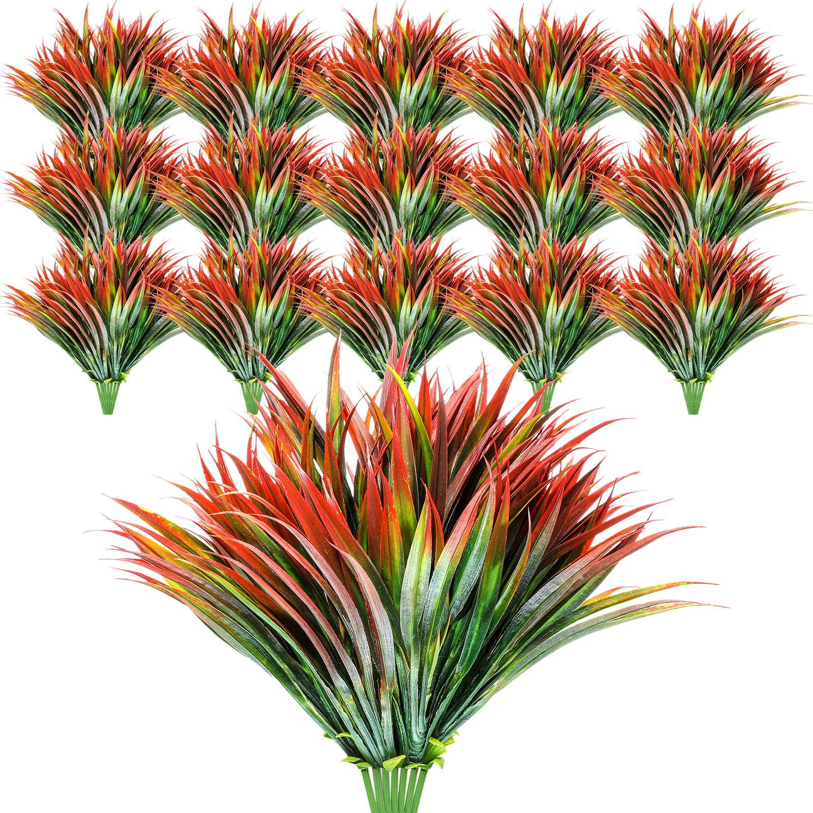 Lyrow 17 in Artificial Grass Plastic Fake Outdoors Plants Artificial Bushes Decor UV Resistant Faux Greenery Shrubs for Summer Fall Winter Home Window Porch (Orange Red,)