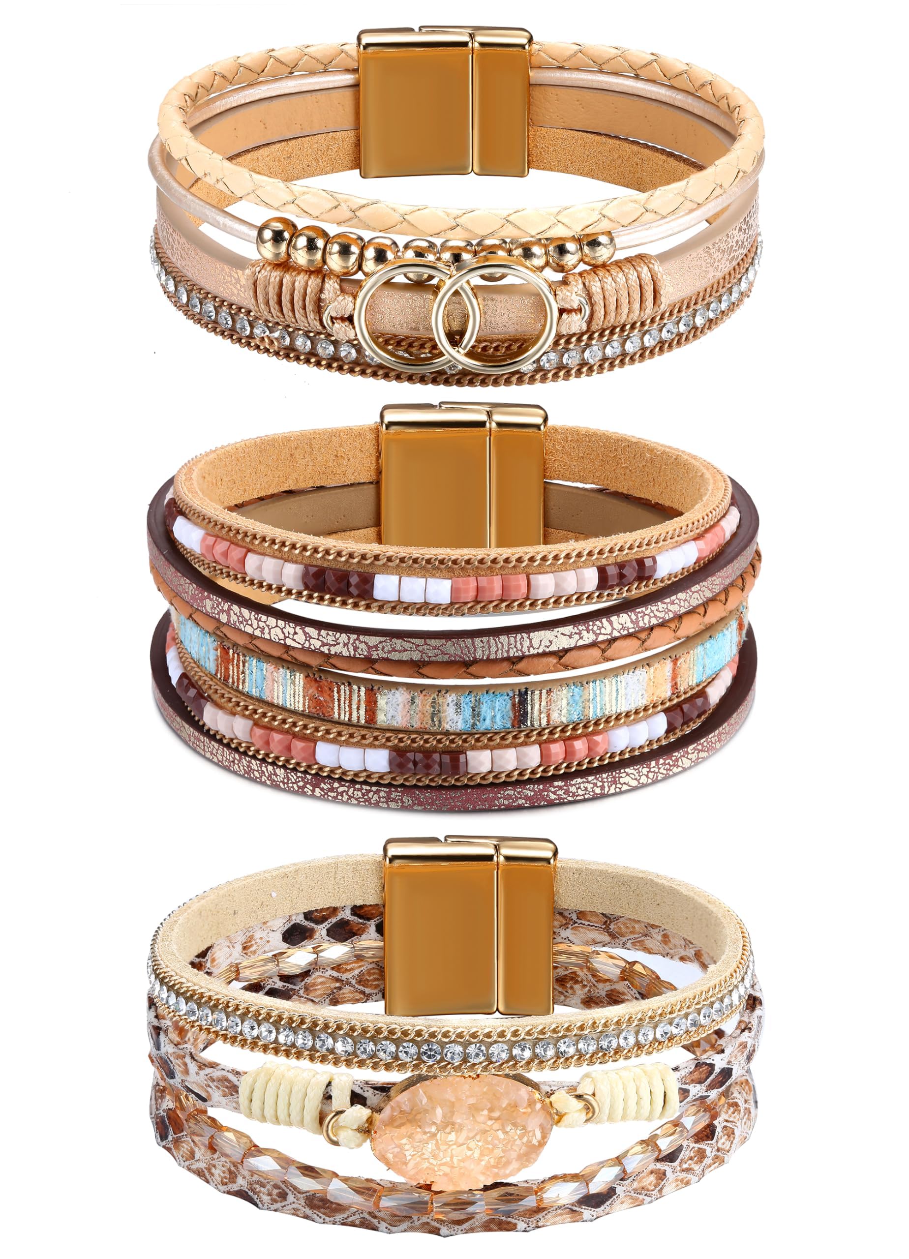 Milacolato Set 3 Bracciali In Pelle Boho: Oro/Nero/Grigio Con Perline, Stile Impilabile Unisex
