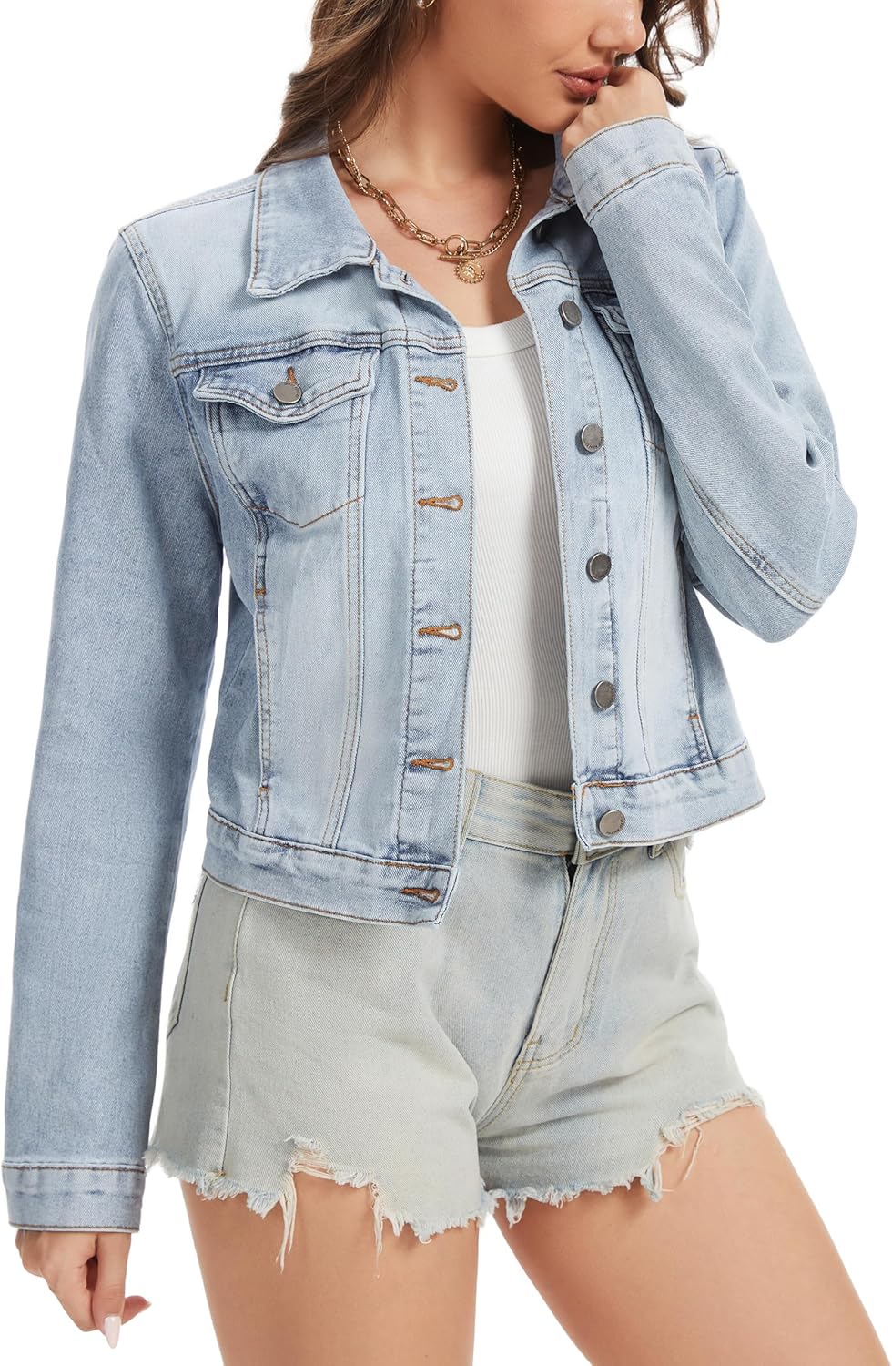 andy & natalie Women's Jean Jacket Stretch Cropped Button Down Denim Jackets Fitted Classic Jacket with Pockets - Image 5