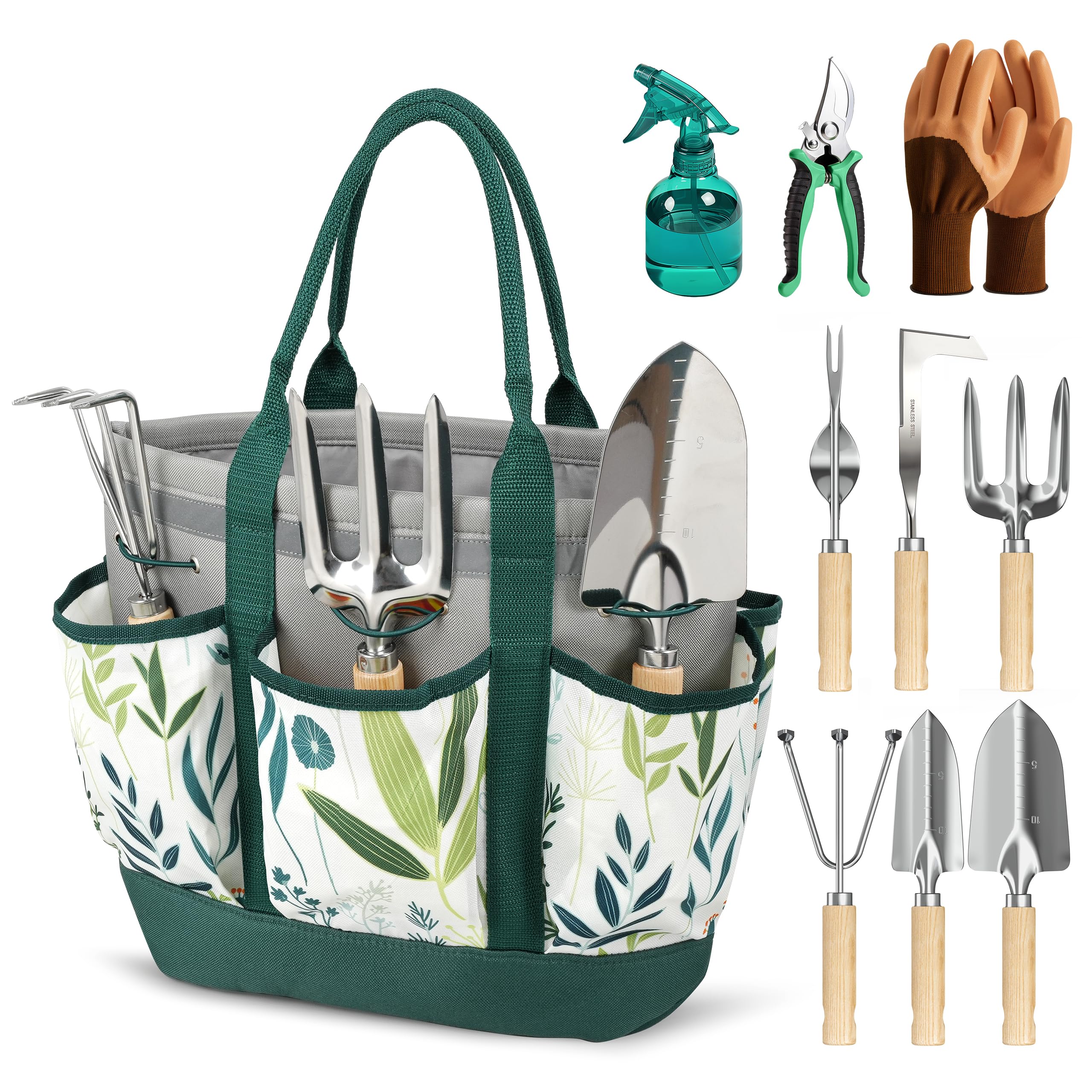 10 utensili da giardino resistenti antiruggine con borsa organizer resistente, regalo perfetto per il giardinaggio per donne, verde