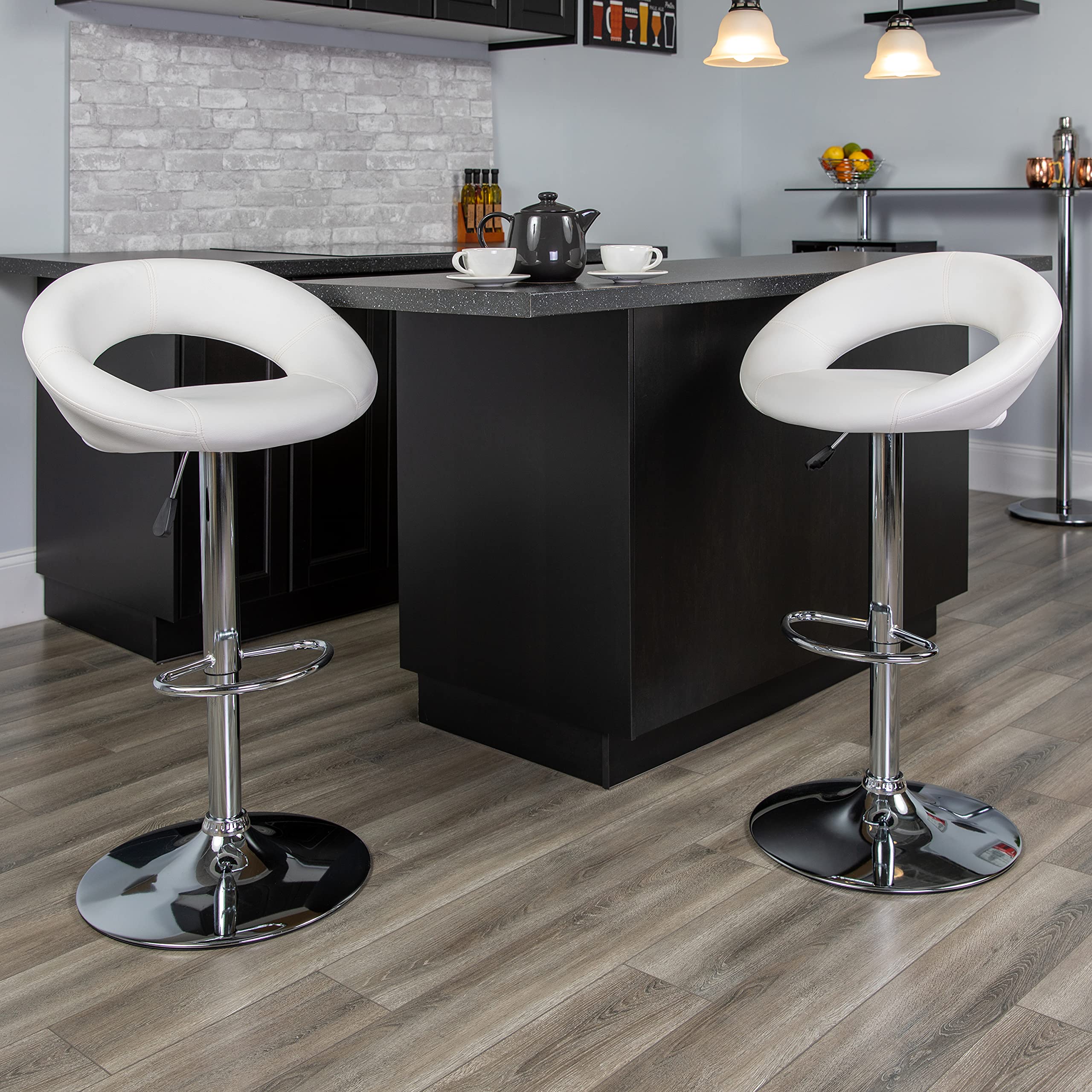 EMMA + OLIVER White Vinyl Rounded Back Adjustable Height Barstool,Chrome Base