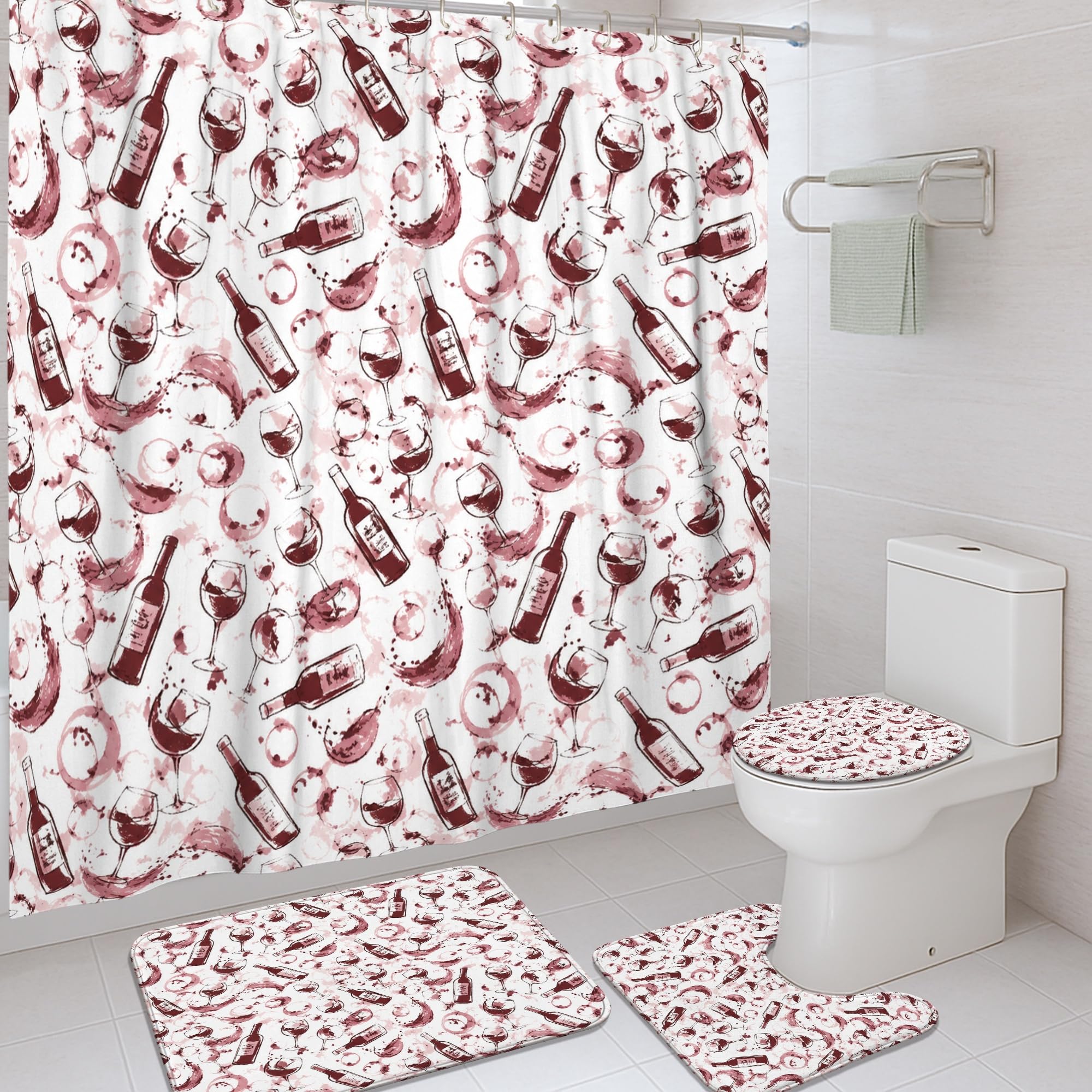Ensemble rideau de douche rouge 183x183 cm et tapis de bain rustique en polyester