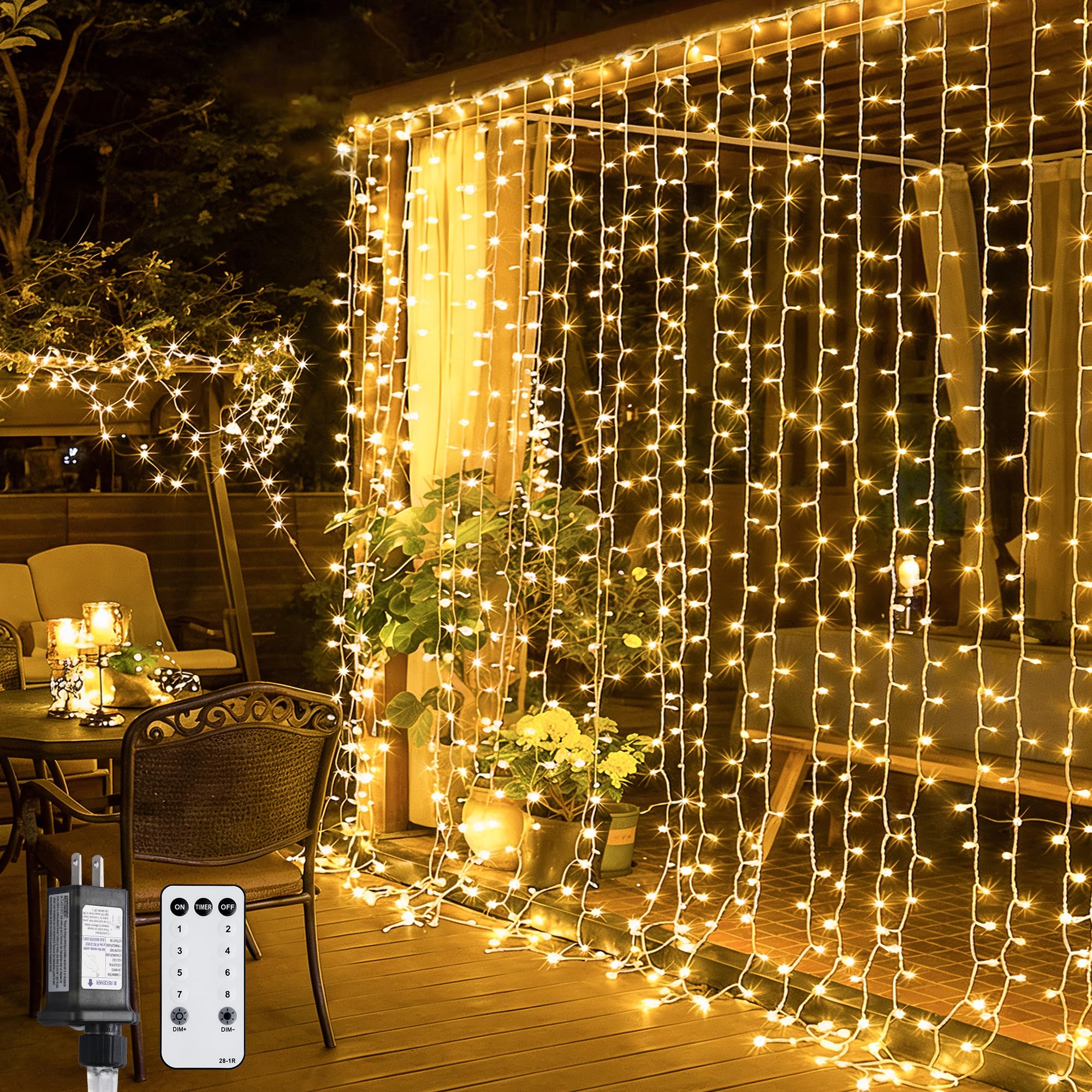 JMEXSUSS 300 LED Remote Control Curtain Lights, Plug in Fairy Curtain Lights Outdoor, Window Wall Hanging String Lights for Bedroom Indoor Dorm Backdrop Wedding Party Patio Christmas Decor, Warm White