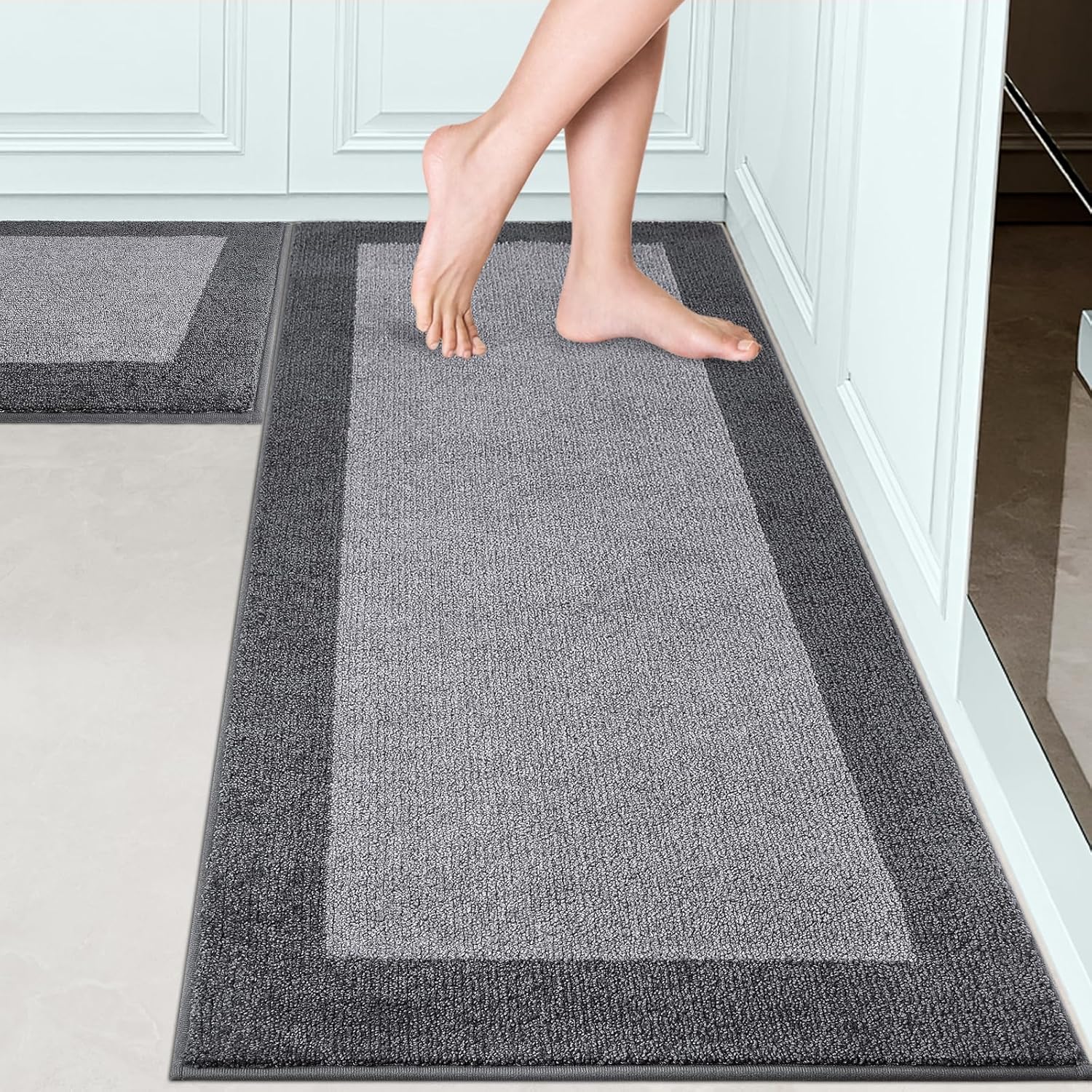 Machine Washable Kitchen Rugs Set of 2, (24" x 36"+ 24" x 60"), Non Slip Kitchen Mats for Floor, Absorbent Entrance Runner Rugs for Bedroom, Hallway, Bathroom, Door (Roll Packing) 24" x 36"+ 24" x 60" Grey