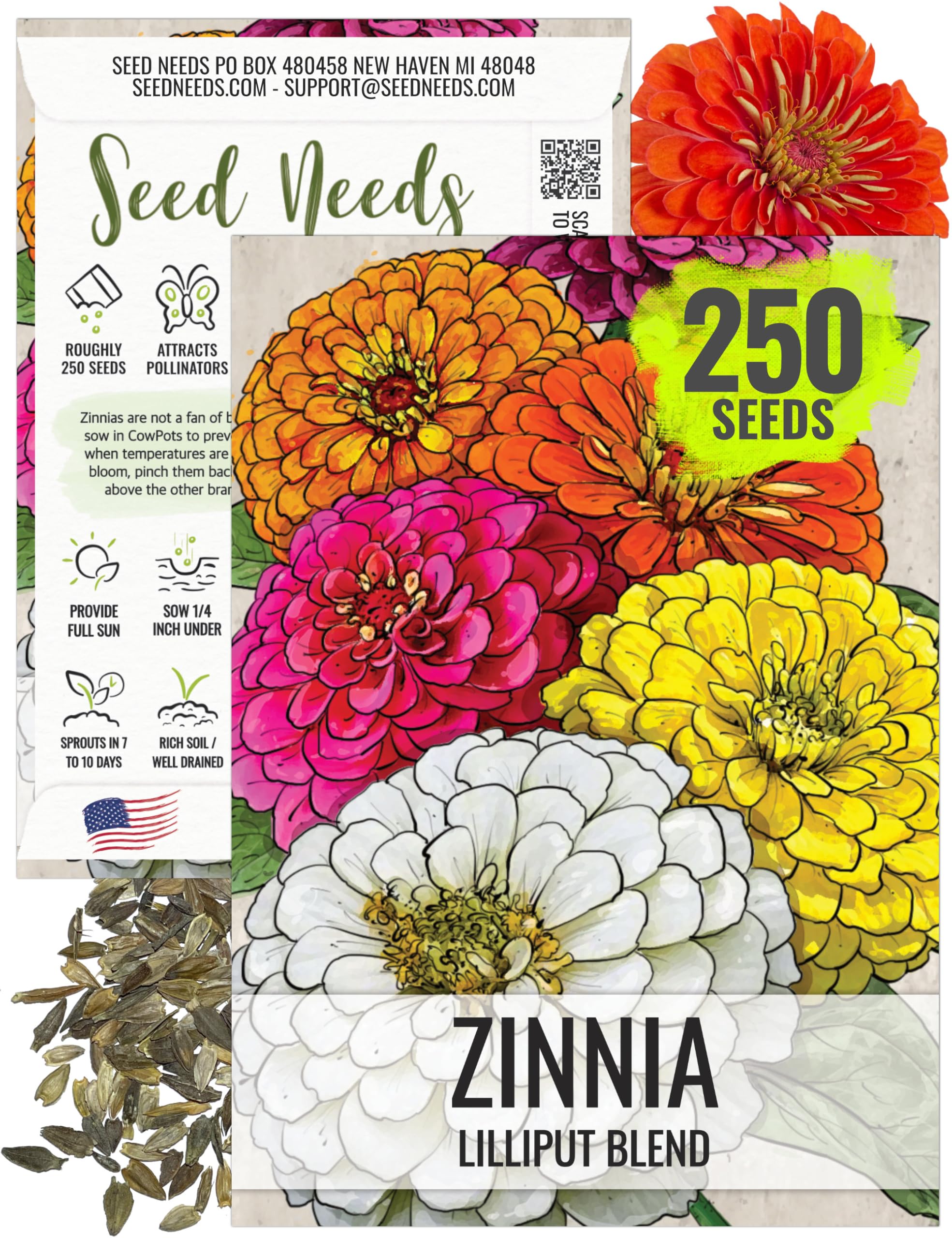 Lilliput Blend Zinnia - 250 Heirloom Seeds for Planting Zinnia elegans - Annual Cut Flowers Perfect for a Butterfly Garden or Insectary (1 Pack)