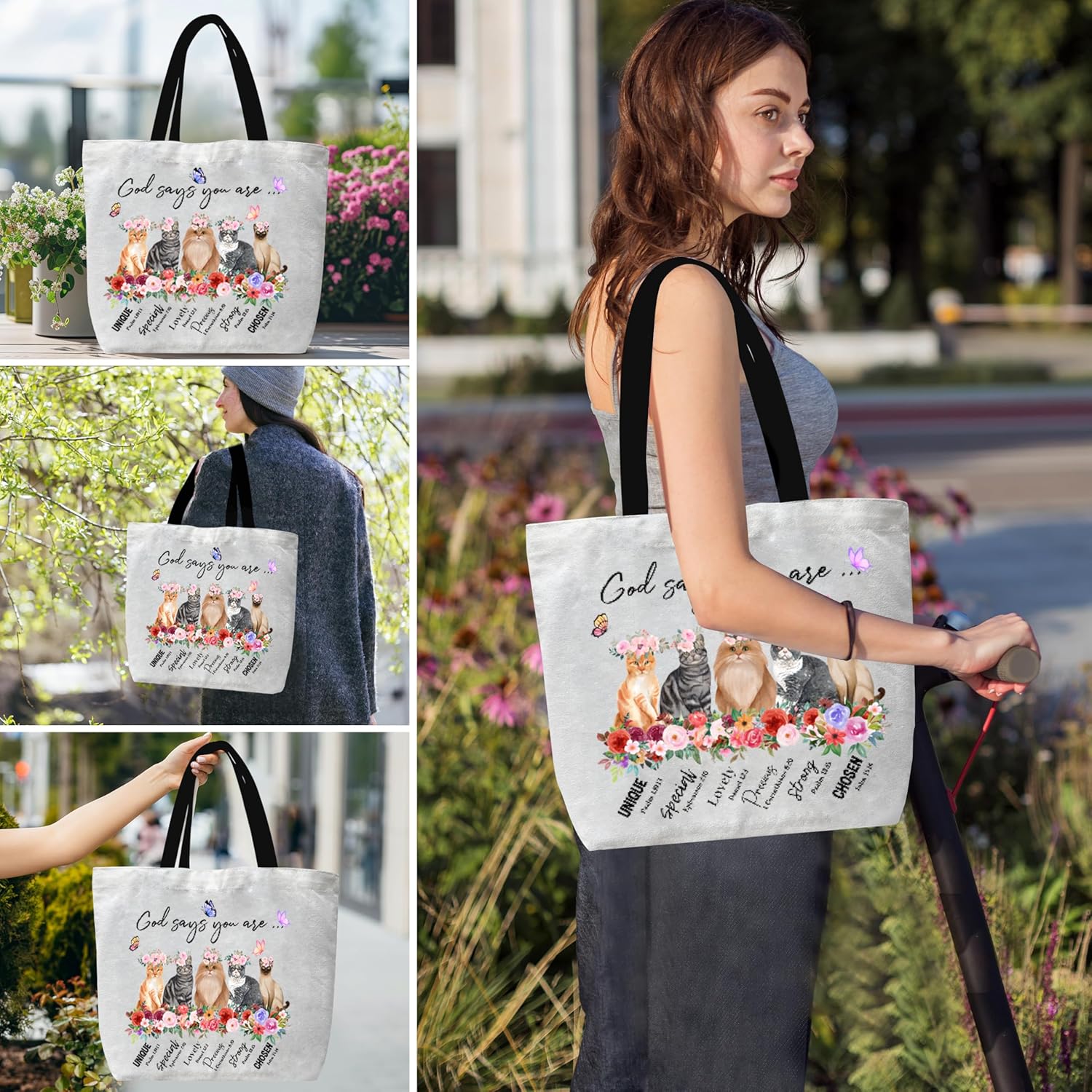Christian Canvas Tote Bags for Women, God Says You Are Unique Themed Bible Verse Shoulder Bags, Inspirational Gift for Women Friends Colleagues, Floral And Cat Reusable Shopping Bags -16 - Image 4