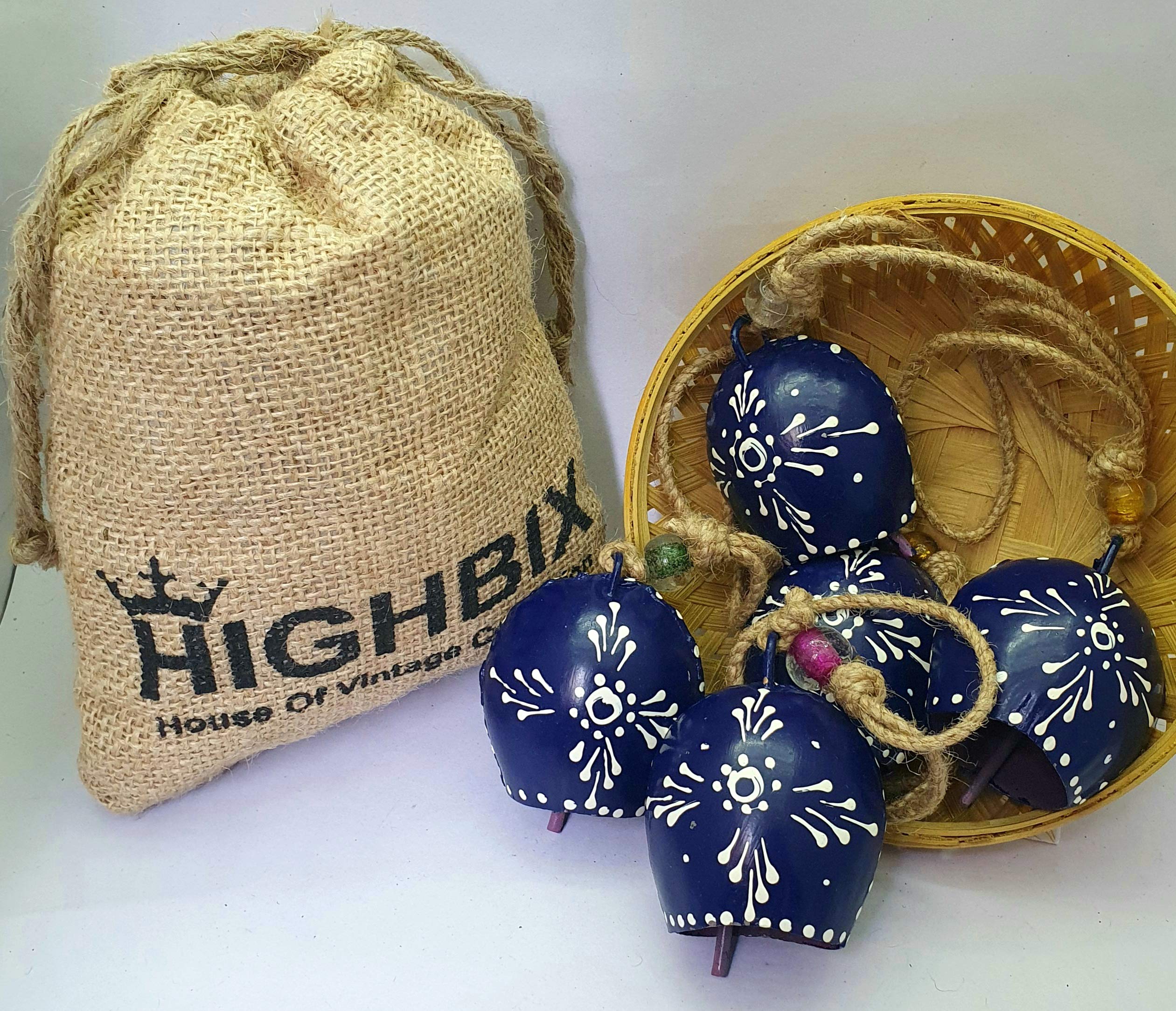 HIGHBIX 7cm Round Hand Painted Festive Décor Hanging Bells On Jute Rope Set of 5 with Jute Bag Hand Painted (Violet, 7cm)