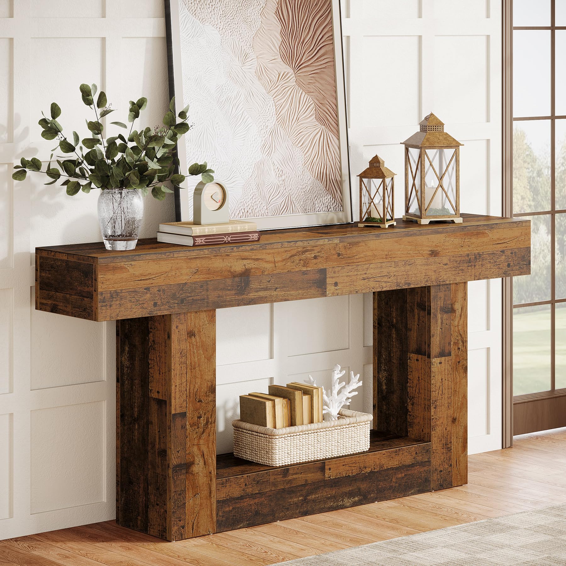 Tribesigns Konsolentisch, 160 cm lang, 2-stöckiger Eingangstisch, Sofatisch mit Stauraum, Bauernhaus-Holz hinter Couchtisch für Wohnzimmer, Flur (Rustikales Braun-Mischung)