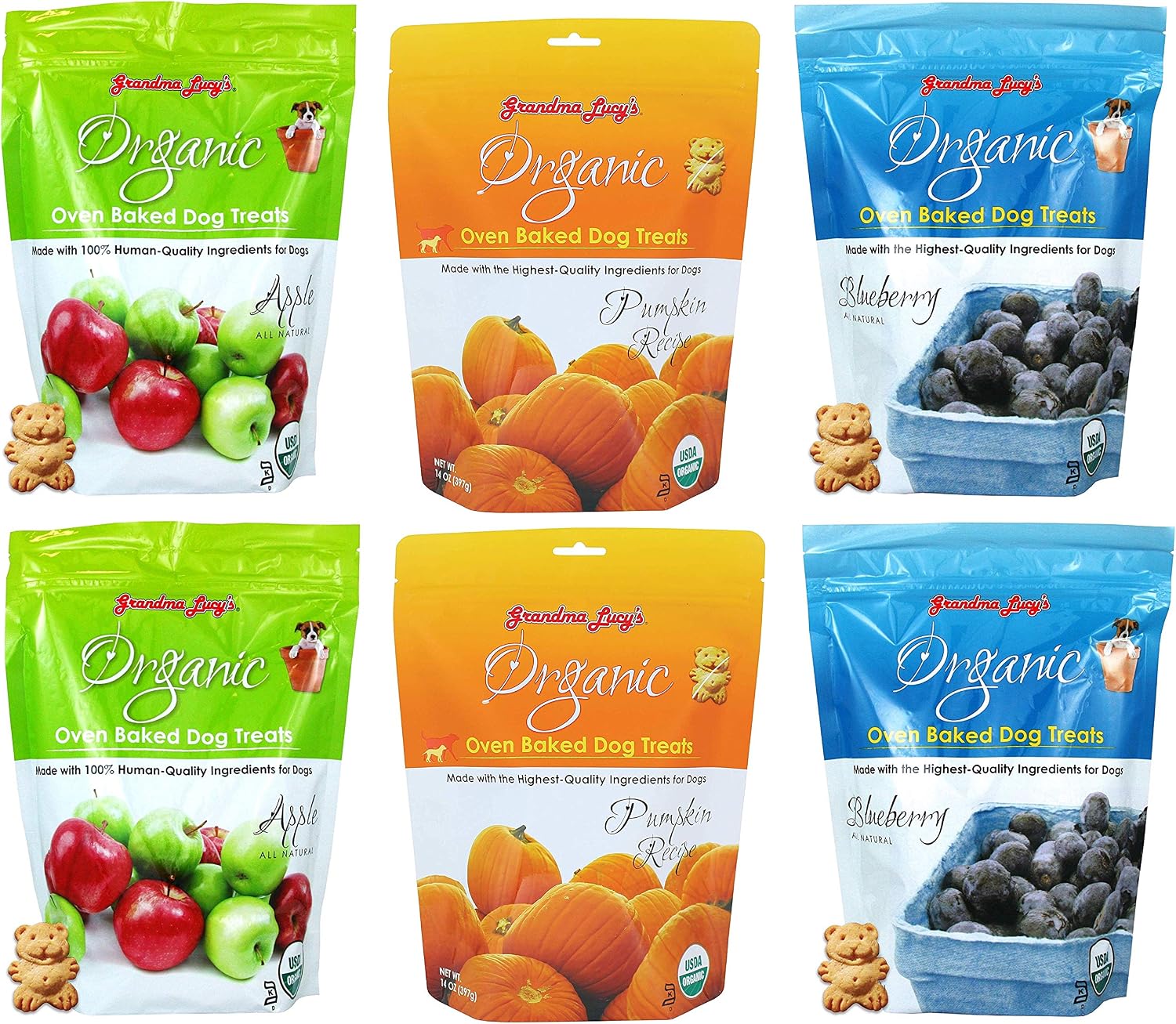 UMIMIXI Grandma Lucy's Organic Baked Dog Treats Bundle,14-Ounce Bags, 2 Each of Apple, Blueberry, and Pumpkin Recipe