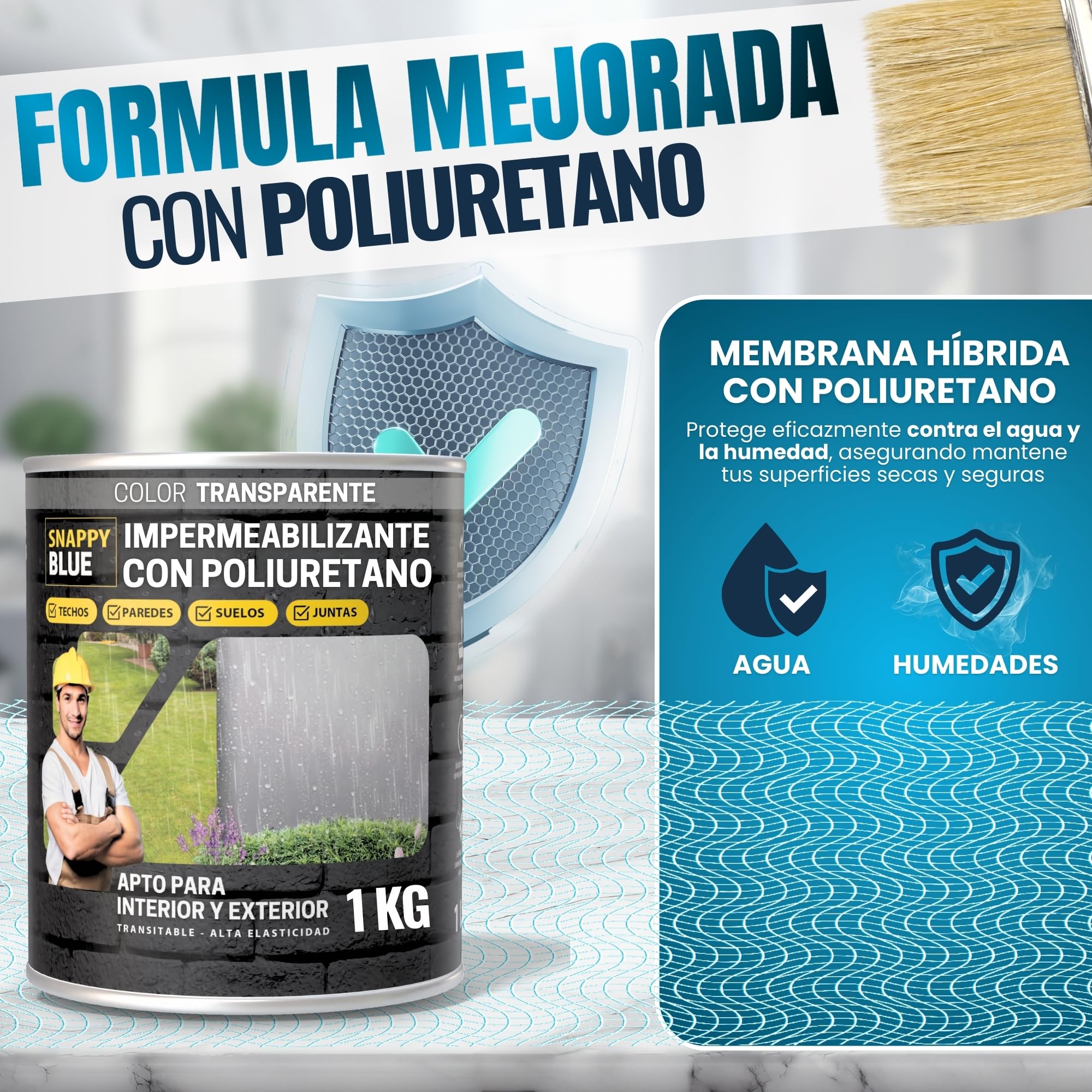 [2kg + Brocha]Impermeabilizante Transparente con Poliuretano, Sellador Impermeable Transparente de Alto Impacto, Revestimiento Impermeable Definitivo Ideales para Techos, Terrazas Interior y Exterior
