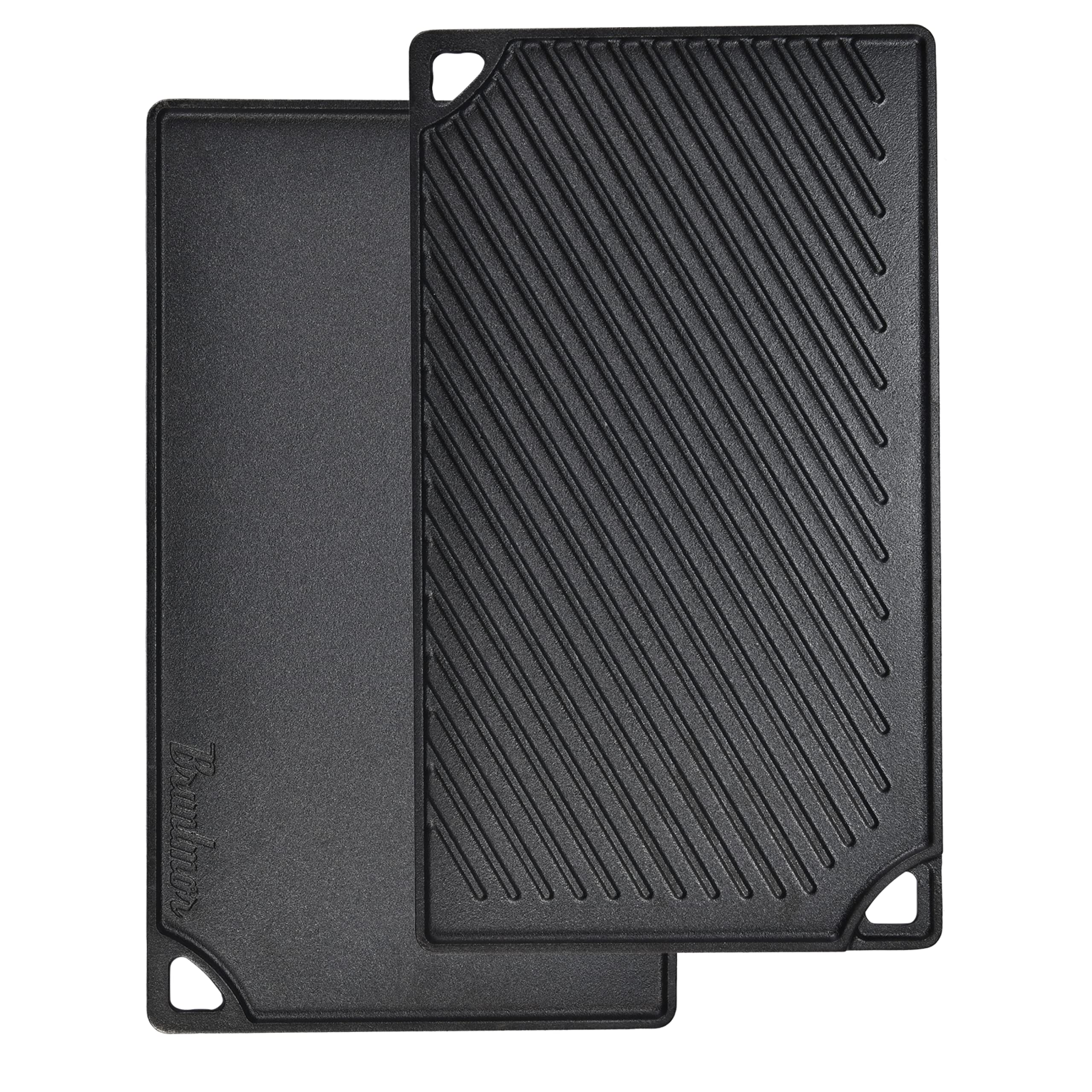 Bruntmor Reversible Grill Plate - 2-in-1 Pre-Seasoned Cast Iron Griddle Pan for Gas Stovetop - Double Sided Pan for Open Fire or Oven - 17x10-Inch Rectangular Roasting Pan - Flat Top Camping Cookware