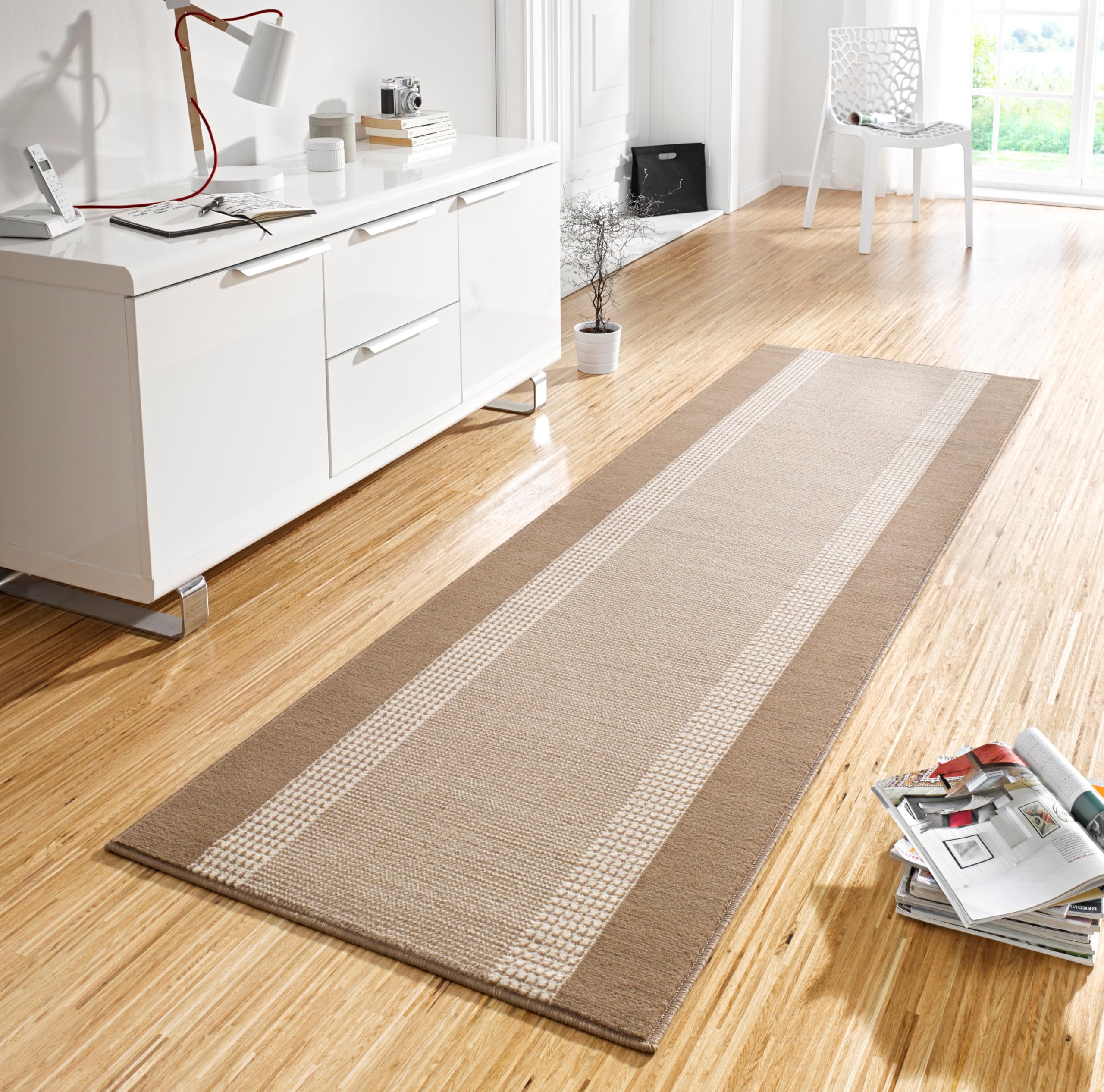 The Rugs Beige Designer Velours Band Rug Polypropylene Short Pile Rug & Runner In | Size: 80Cm X 250Cm