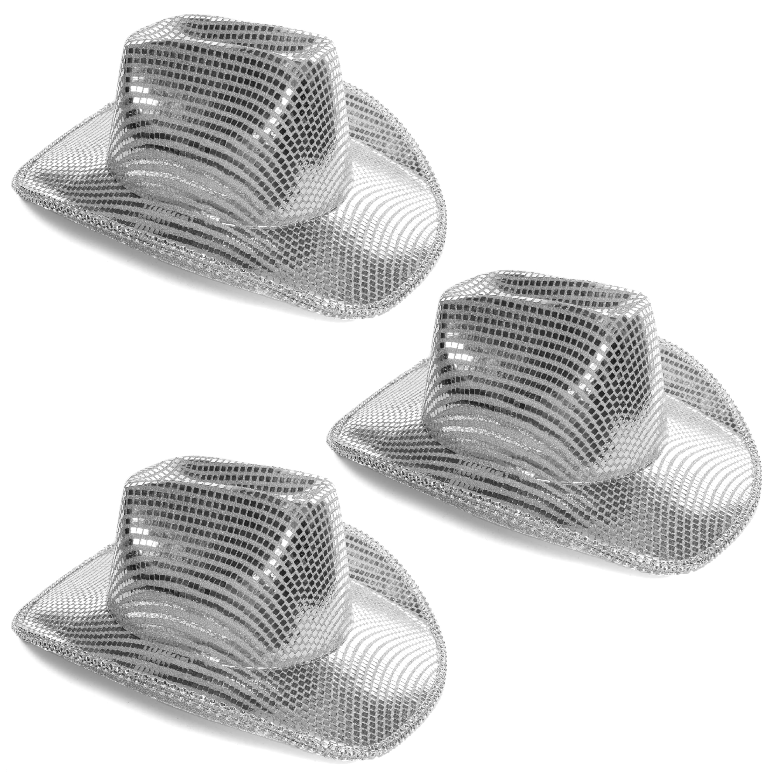 Mirrored Cowboy Hat - Pack Of 6 - Silver Cowgirl Hat with Reflective Mirror Ball Effect - Mirrorball Concert Wild West Fancy Dress Costume Accessory