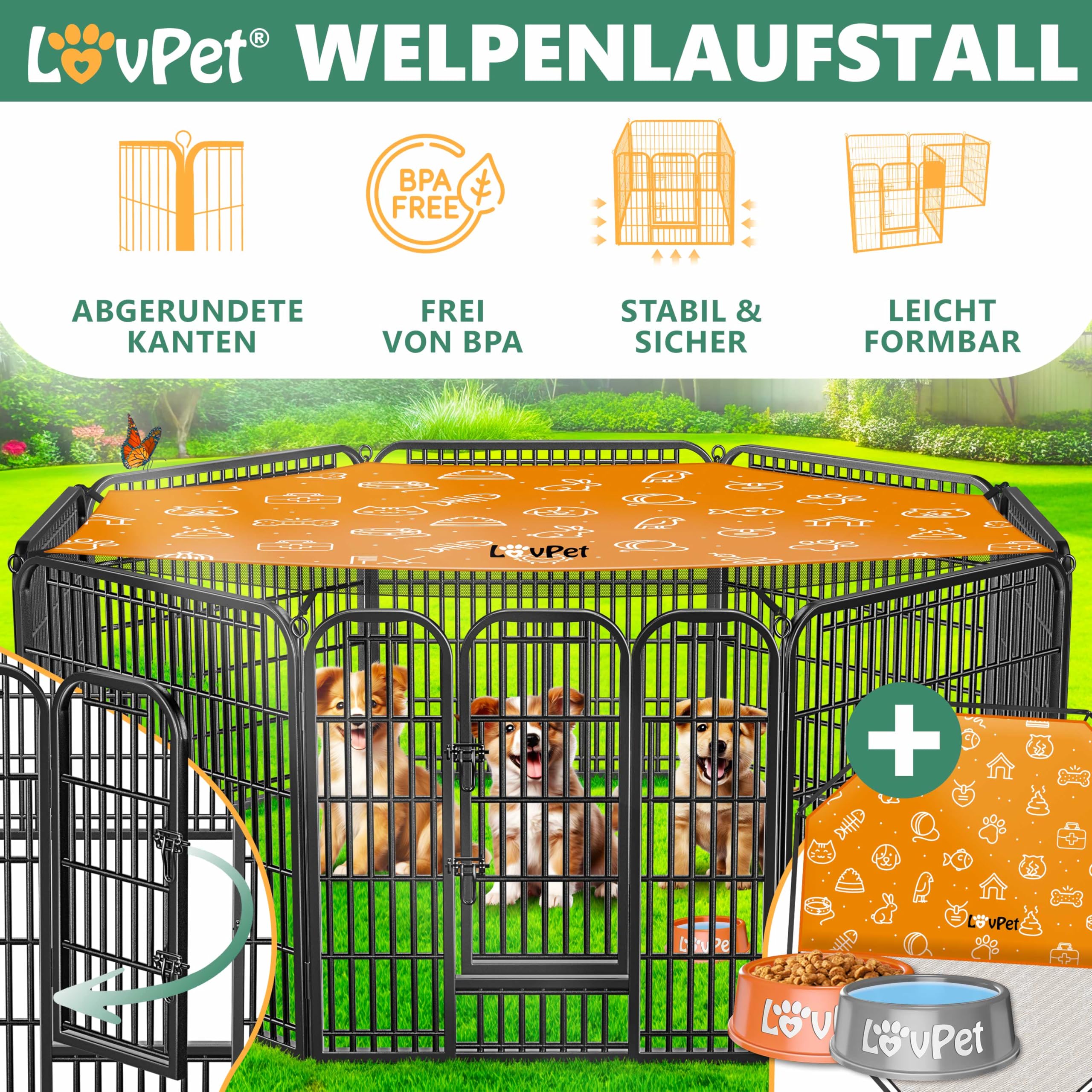LovPet Welpenlaufstall Freilaufgehege Welpenauslauf I Hundelaufstall XXL 8 Gitter je 80x80 cm I Wetterfester Tierlaufstall mit Tür für Hund Katze Welpe Kaninchen Meerschweinchen I mit Dach & Erdankern