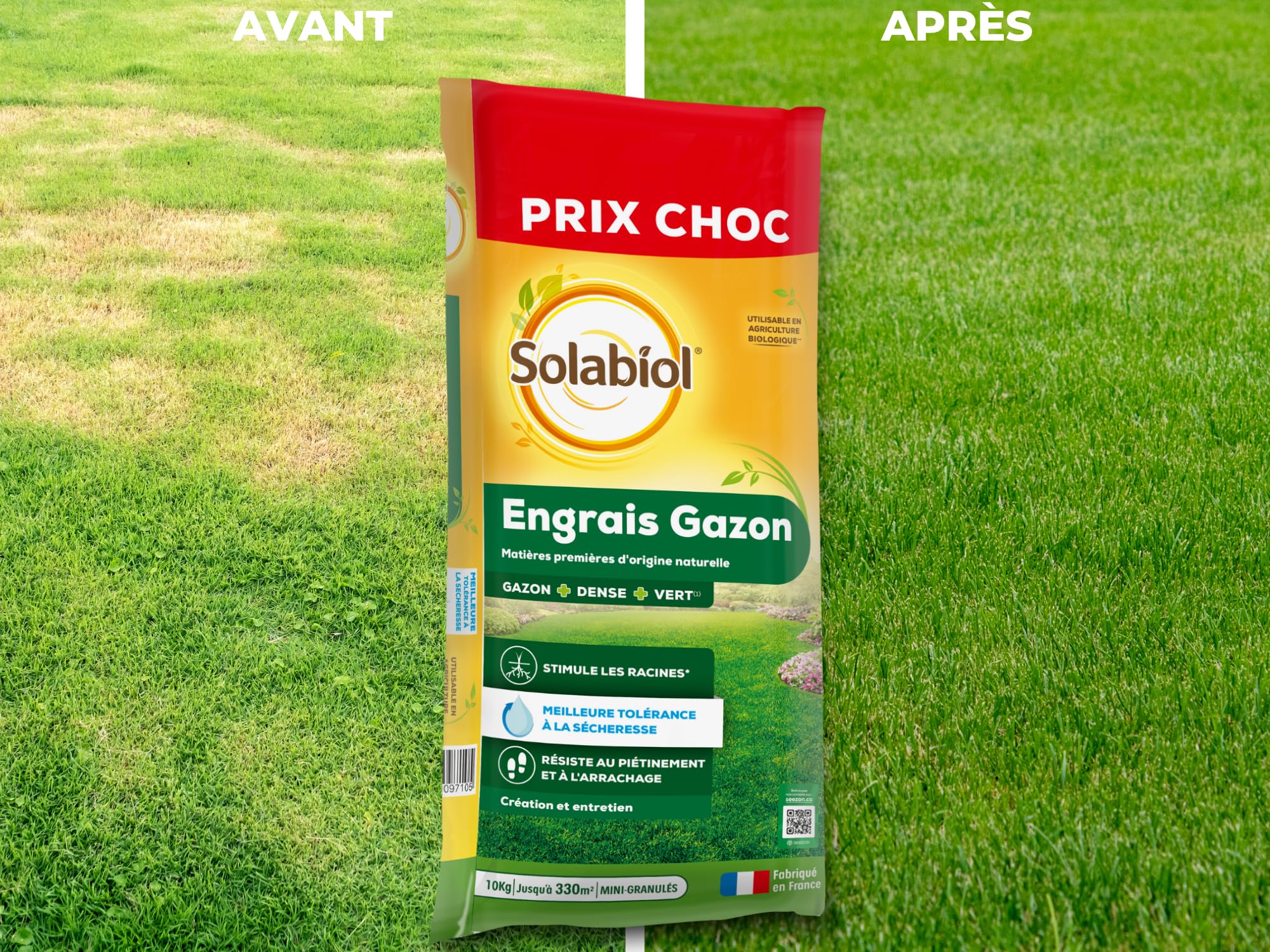 SOLABIOL Engrais Gazon Longue Durée - Sac 10 Kg - Jusqu'à 330m² - Améliore la tolérance à la sécheresse - Résiste au piétinement - Gazon Plus Dense & Plus Vert SOGAZY10BP