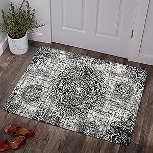 Lahome Vintage Medallion Washable Area Rug - 2'x3' Black Small Entry Rug Accent Distressed Non-Slip Throw Floor Carpet for Door Mat Entryway Bedroom Living Laundry Room Kitchen