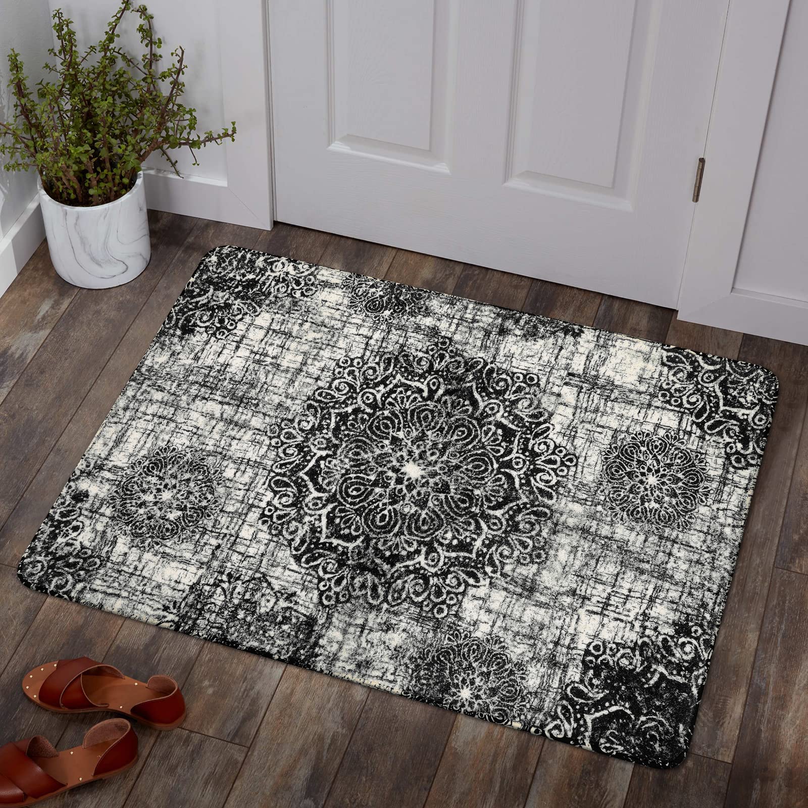 Lahome Vintage Medallion Washable Area Rug - 2'x3' Black Small Entry Rug Accent Distressed Non-Slip Throw Floor Carpet for Door Mat Entryway Bedroom Living Laundry Room Kitchen 2' x 3' (Rect