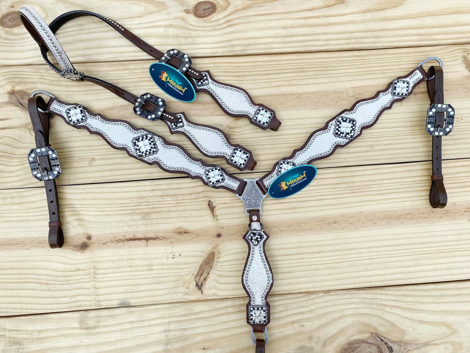 Western Leather Headstall & Breast Collar Set for Horses - Valentine’s Day Silver Metallic Cowhide with Rhinestones