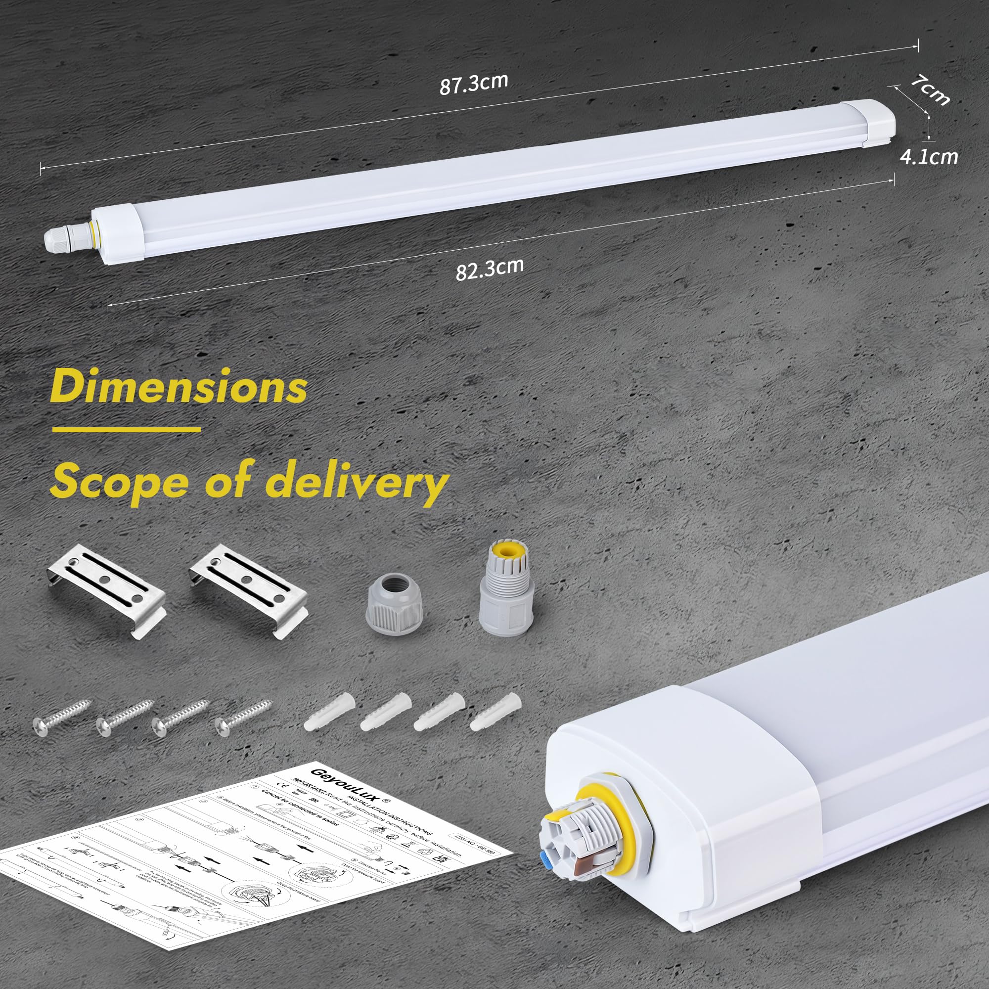 GeyouLux Fluorescente LED 90cm Plafon, 30W 3780lm 5000K IP65 Estanca Tubo, Sin Parpadeos Pantalla LED, Con Cable de Puesta a Tierra, 144 LEDs para Taller Garaje Cocina, Blanco
