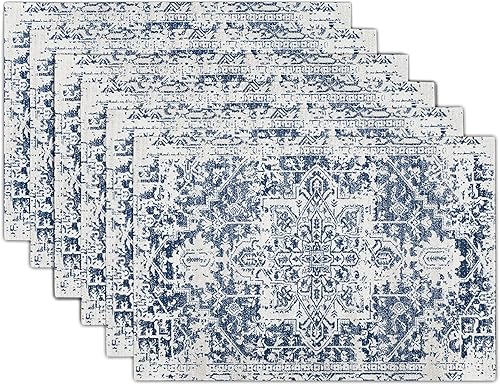 Juego de 6 manteles individuales bohemios color azul marino, gris, étnico, bohemio, lavables, cocina, comedor, vintage, gris, geografía, floral,