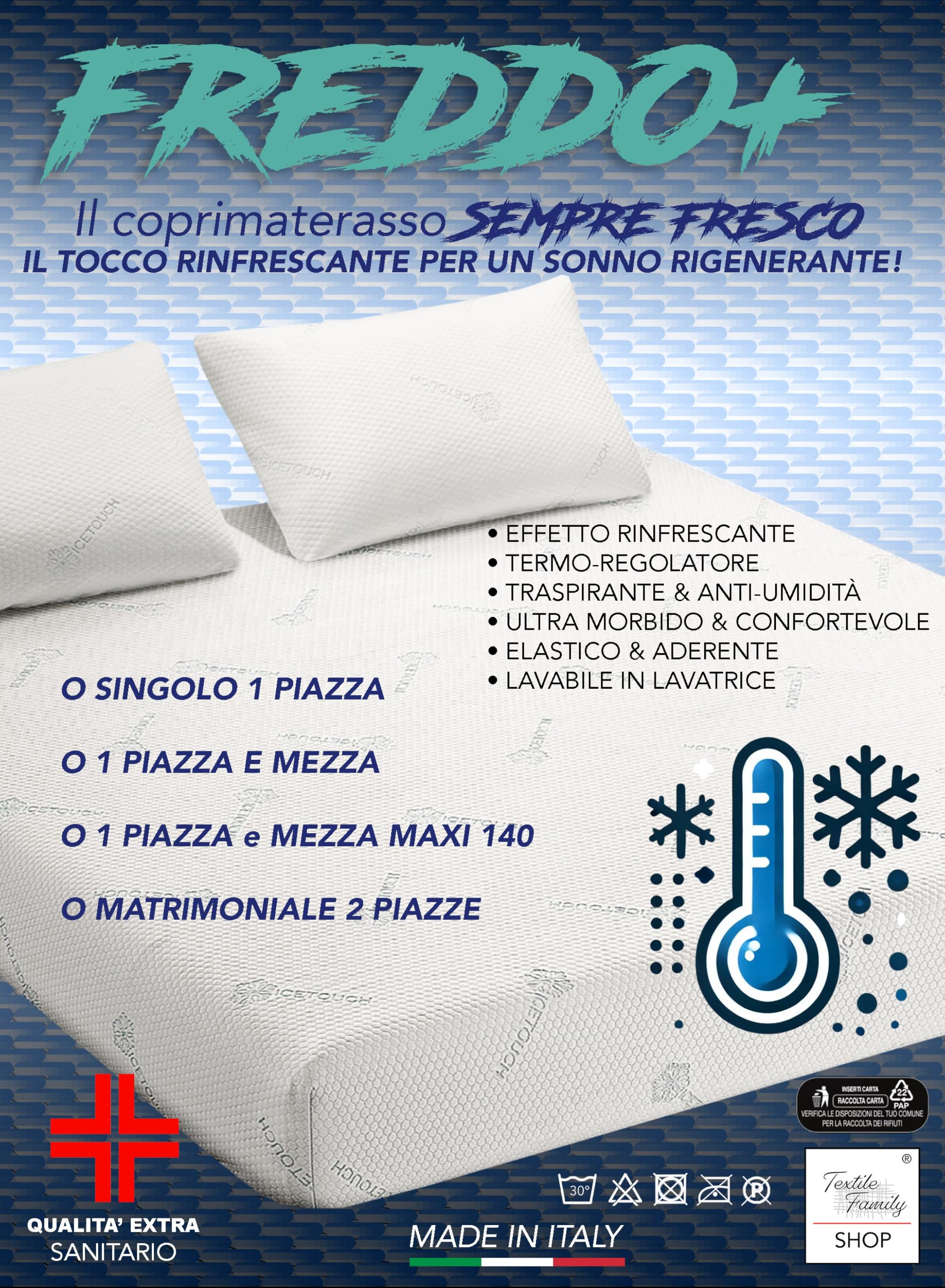 Coprimaterasso Rinfrescante Freddo+ Ice-Touch, Estivo, Termoregolatore, Traspirante, Anti-Umidità, Morbido, Elasticizzato - Singolo 80x200 cm H25