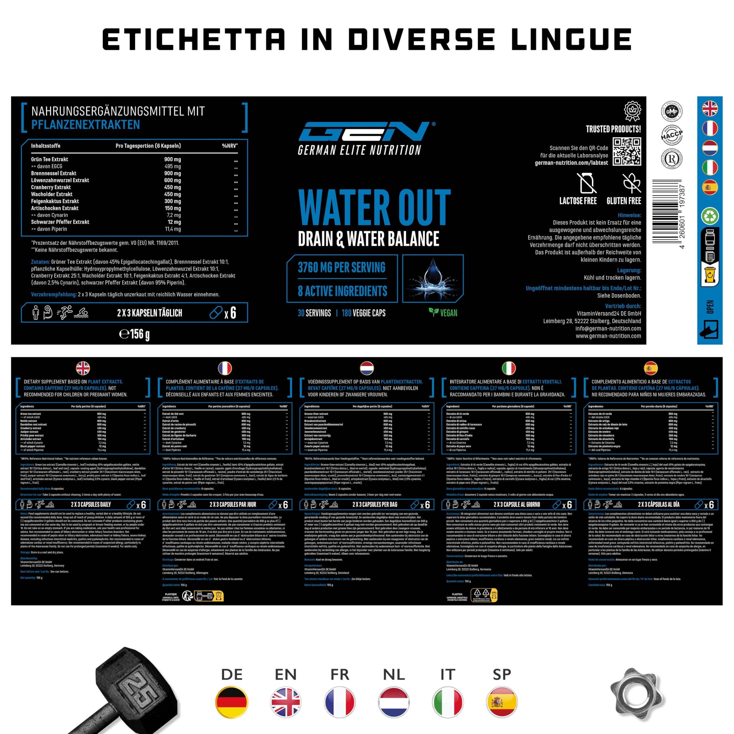 Water Out Complex per l'equilibrio idrico e il drenaggio - Con tè verde, ortica, tarassaco ed estratto di carciofo - Alternativa alle compresse drenanti chimiche - 180 capsule