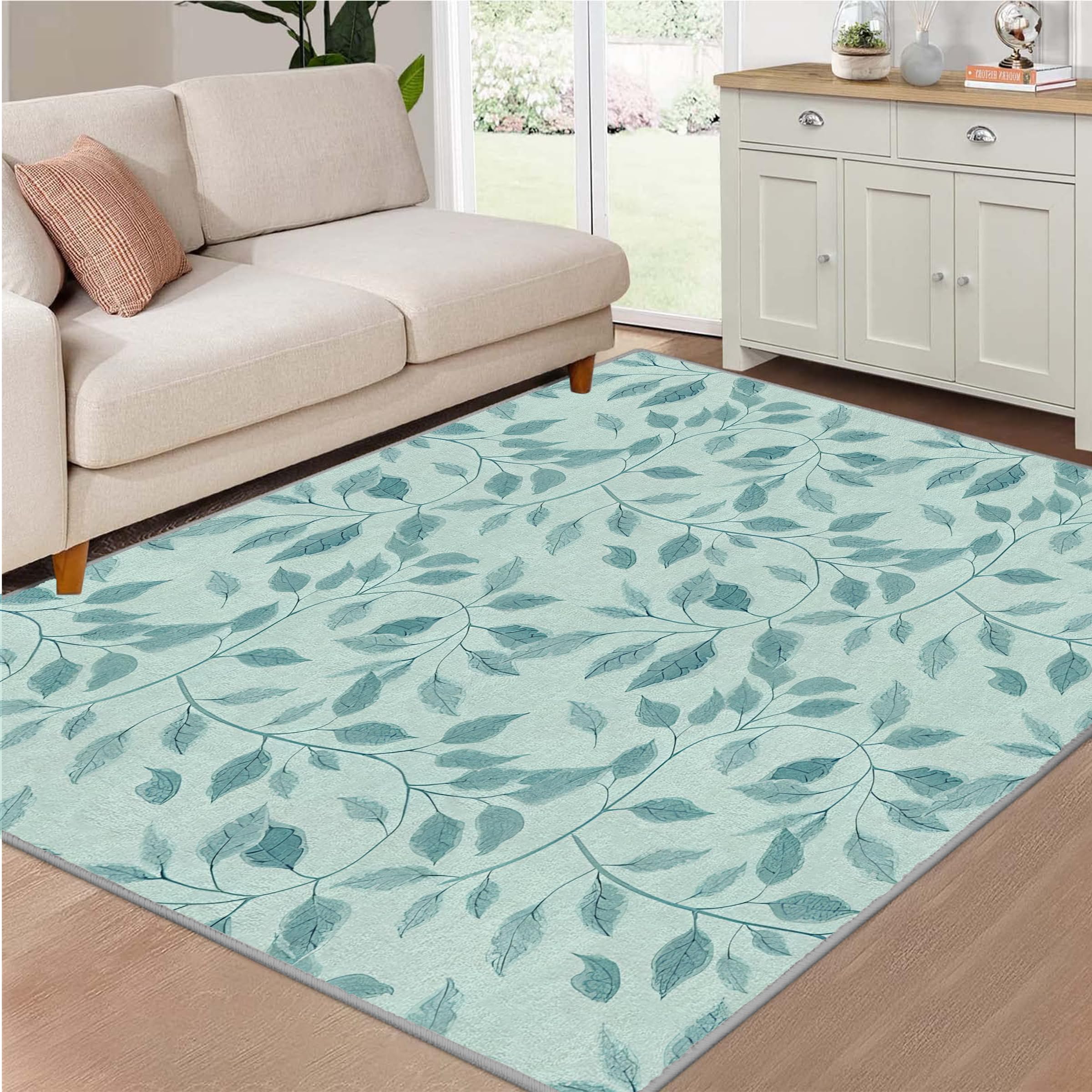 Großer waschbarer Kurzflor-Teppich 200x300 - Blätter Blau Teppiche - Abstrakt Dünn Saugfähig Vielseitig Carpet für Wohnzimmer Schlafzimmer Oder Als Bettvorlege A&171