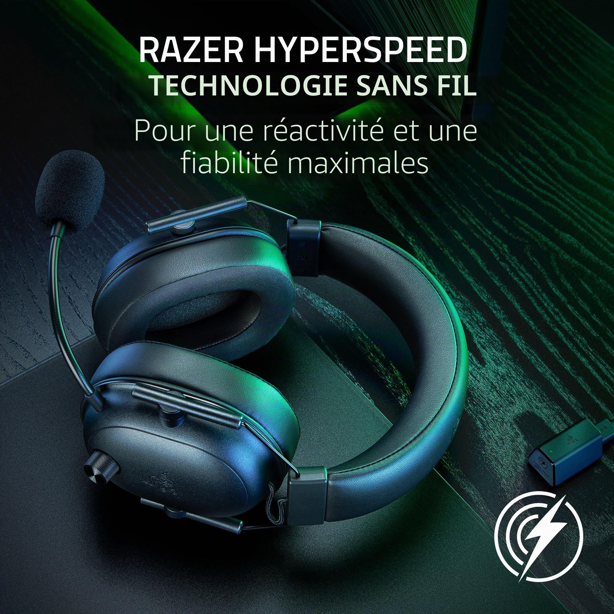Razer BlackShark V2 HyperSpeed Casque de jeu sans fil : 280 g léger – Audio spatial THX – Micro pliable – Pilotes de 50 mm – 2,4 GHz, Bluetooth ou USB – Batterie de 70 heures avec charge USB de type C