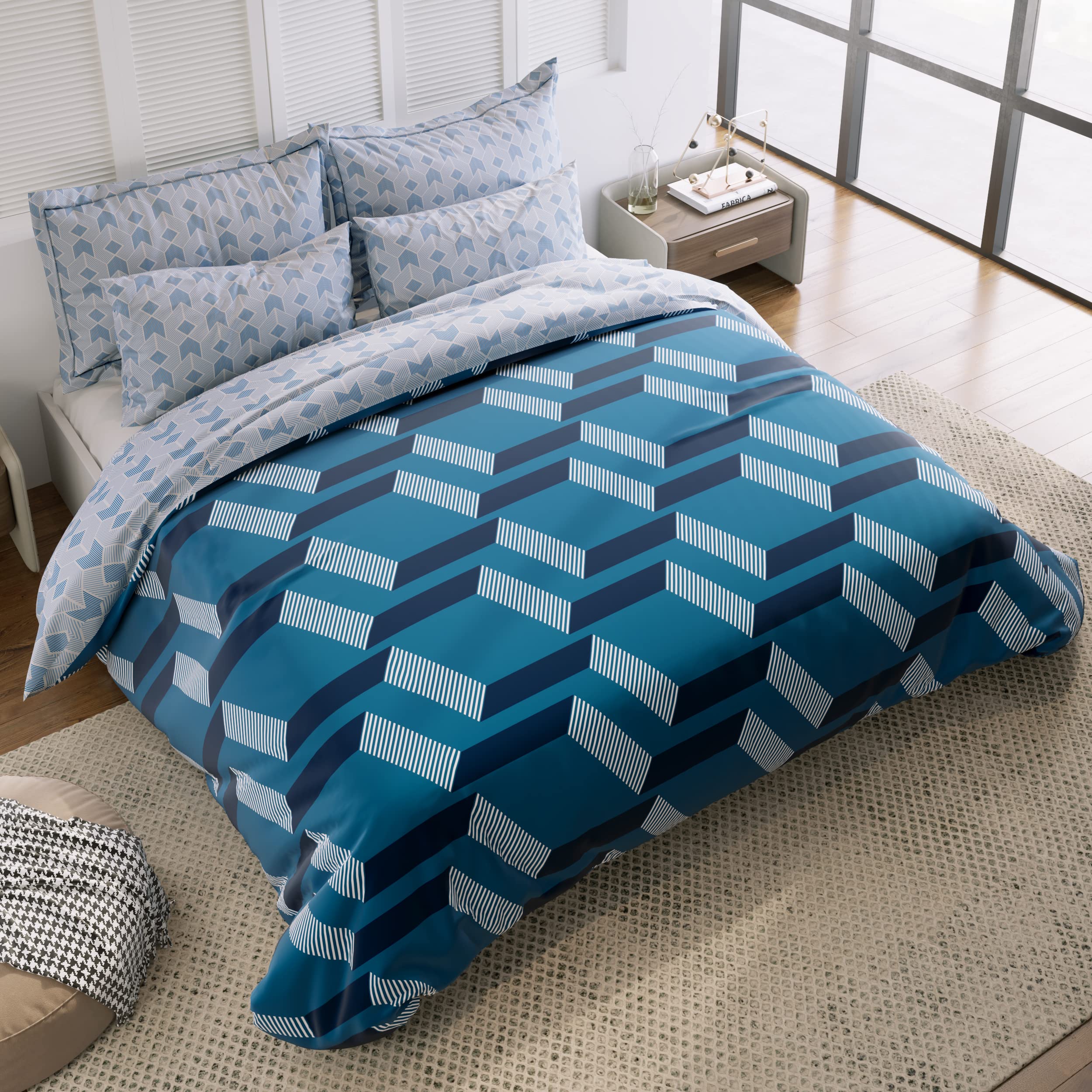 THE HOME STYLE Supersoft Cotton Feel Glace Cotton Elastic Fitted Printed King Size Double Bed Bedsheet Wih 2 Pillow Cover 400 TC (72"X78", Venice Blue)