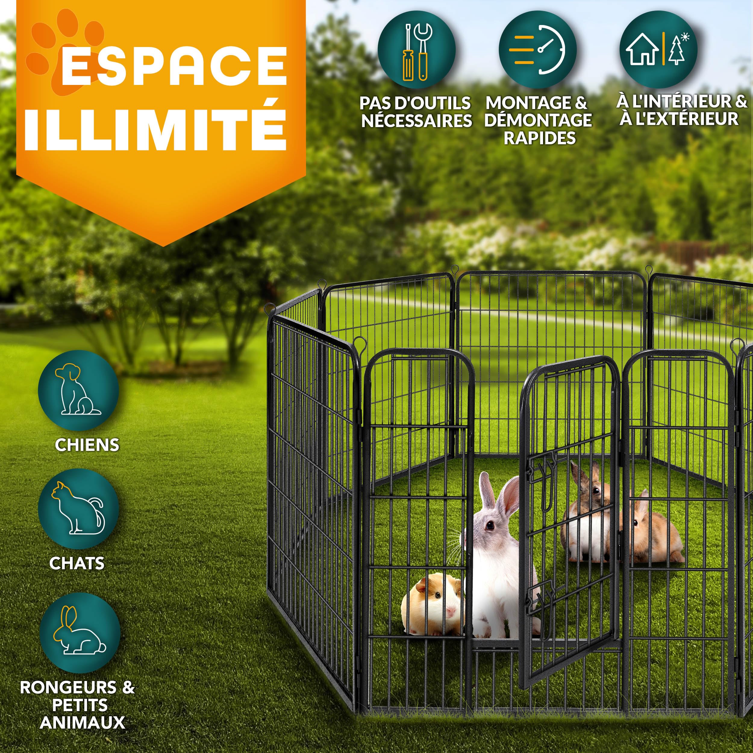 TRESKO Parc d'extérieur pour Chiens et animalerie | Enclos en métal pour Chien | Cage pour Chiens Chiots Animaux de Compagnie | Circonférence = 640 cm (Noir, Hauteur 60 cm)
