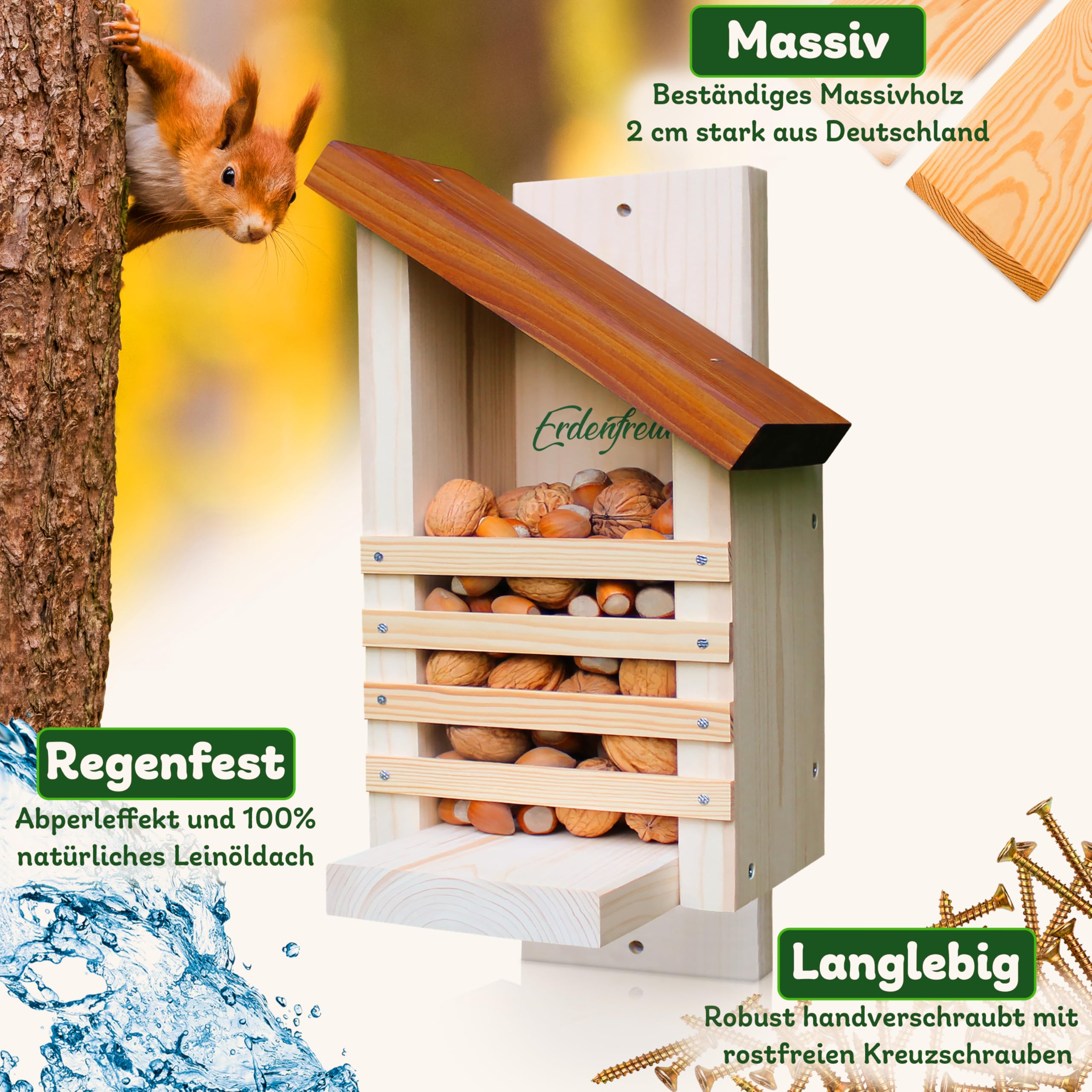 ERDENFREUND® Eichhörnchen Futterhaus ohne scharfes Glas & Genickbruch-Klappe 100% sicher wetterfest handverschraubt in Deutschland Eichhörnchen Haus