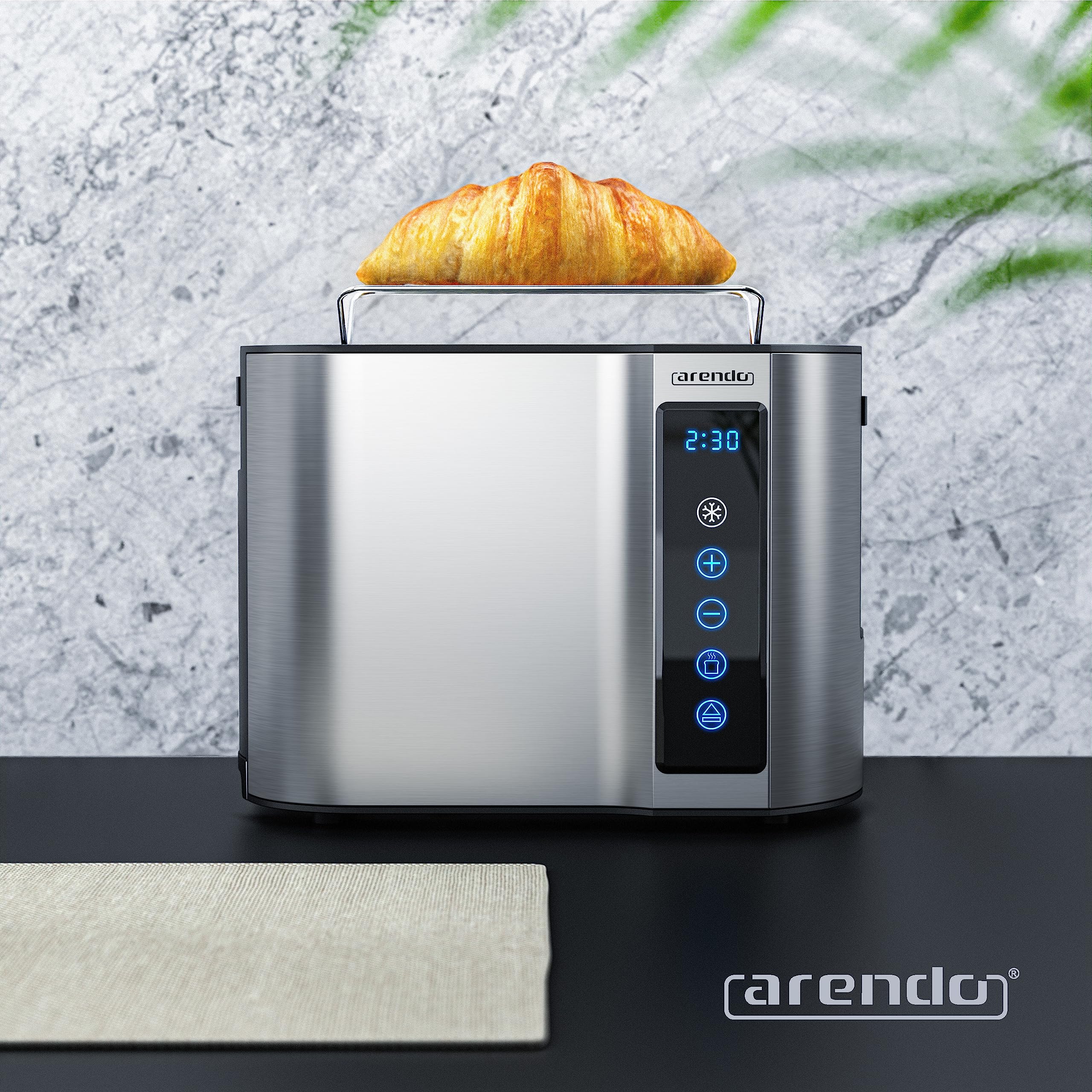 Arendo – Tostadora táctil de 2 rebanadas de acero inoxidable, pantalla táctil digital del tiempo restante – 800 W – Caja de doble pared – con rejilla recalentadora de bollería – 7 niveles de bruñido