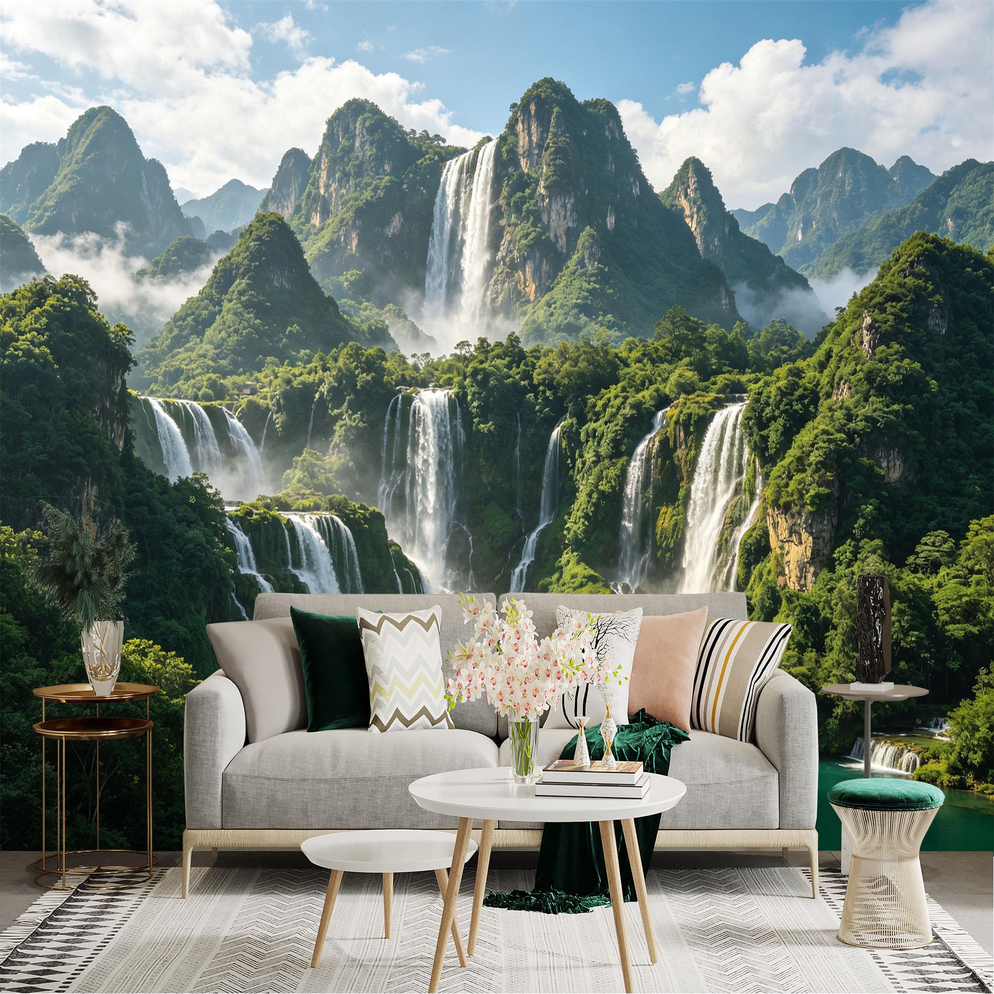 Custom Size Wall Sticker Mural， Majestic Waterfall Landscape， Lush Green Mountains， Tropical Nature Scenery， for wall Decoration， peelandstick wall Decals.