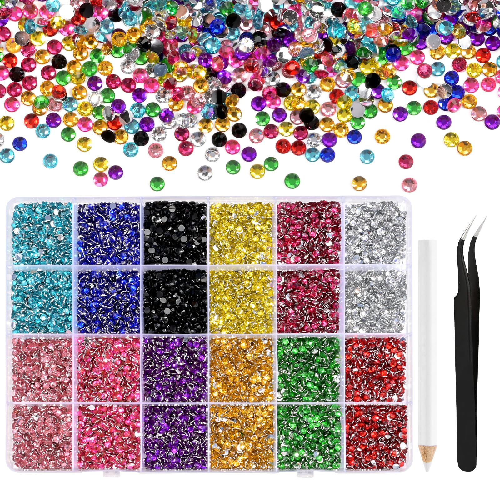 NACHLYNN 36000 Stück Strasssteinen aus Kunstharz 2-6mm Mehrfarbig Flache Runde Jelly Strasssteine Geeignet für Nailart Gesichtsbemalung Kostüme und Andere DIY-Kreationen (Mit Pinzette)