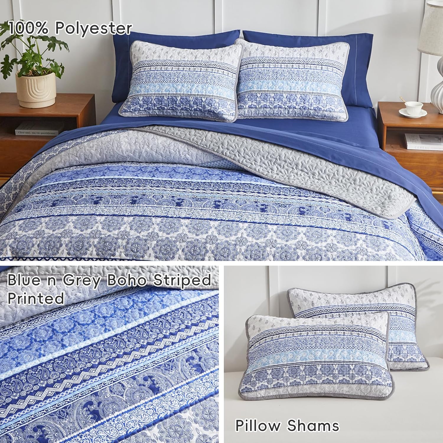 Flysheep 3 Pieces Colorful Boho Quilt Set Full Queen Size, Blue n Grey Bohemian Striped Printed Bedding Bedspread Coverlet Set for Summer, Soft Lightweight Microfiber Quilt with 2 Shams (88x88 inces)