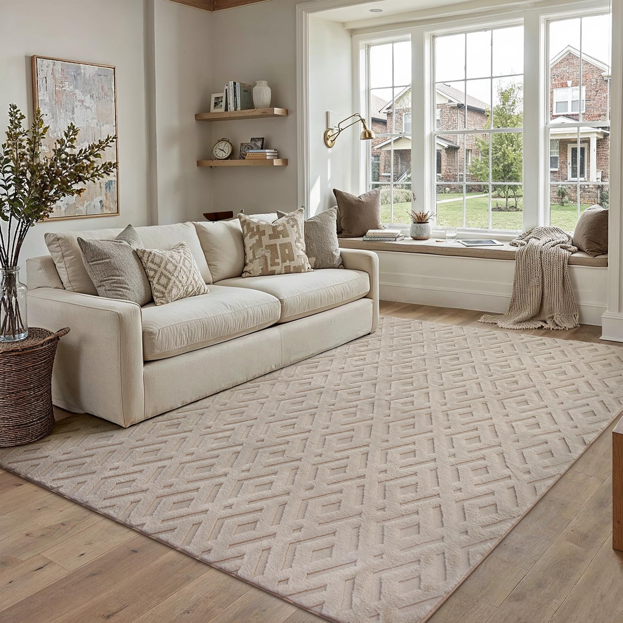 PureCozy Tappeto Salotto 160x230cm Beige Antiscivolo Lavabile Camera da Letto Grande Tappeti Moderno 3D Geometrico Carpet Sala Soggiorno Cameretta Bambino Ufficio Pelo Corto Rug