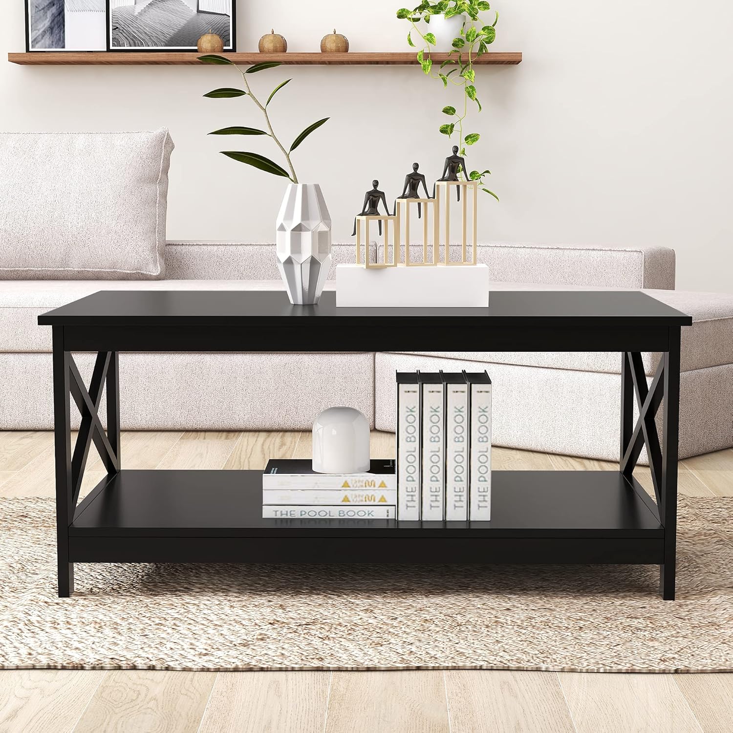 RASOO Wood 2-Tier White Tea Tables with Storage Shelf for Living Room Simple Design Home Furniture, 39.5 x 20 x 18 Inches