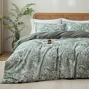 MILDLY King Size Duvet Cover Set 100% Long-Staple Cotton Luxury Green Floral Patten Reversible Comforter Cover Set 3Pcs