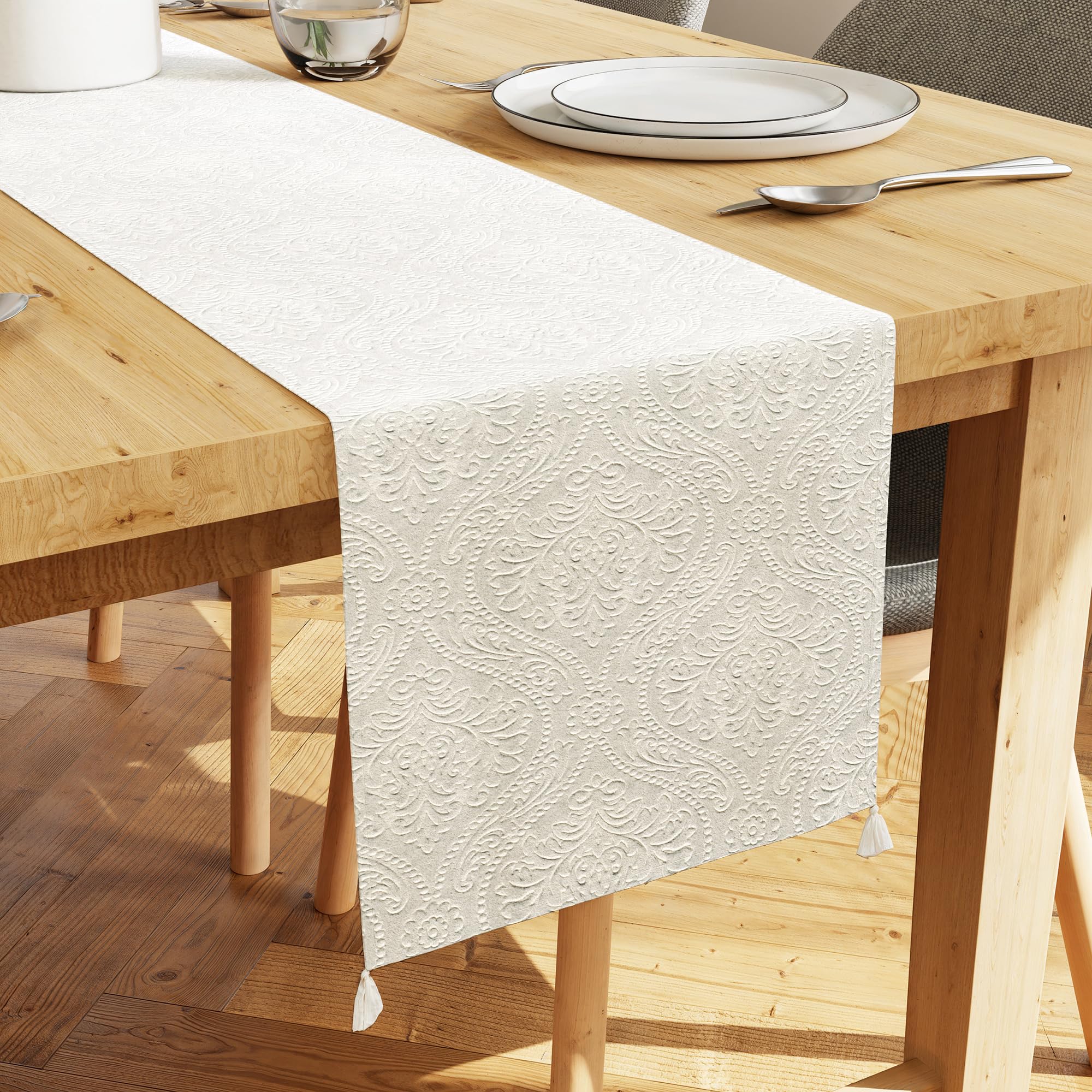 Encasa XO Dining Table Runner | Embossed Velvet | 32x183 cm | Cream Color with Premium Polyester - Machine Washable โ image 1