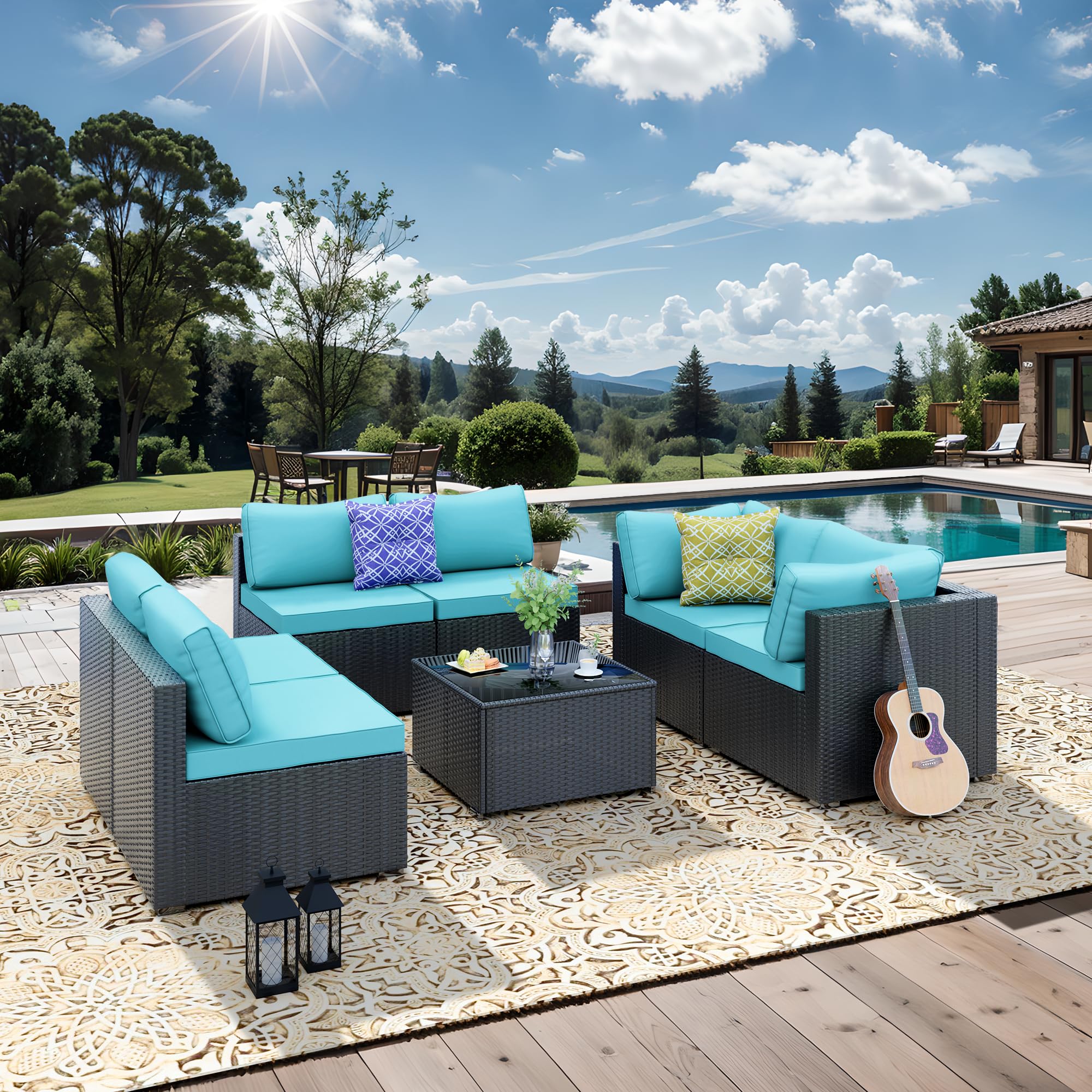 JORVIMAX Patio Furniture Set, All-Weather Outdoor Sectional Patio Furniture Set Including 7-Seated Sofa, for Any Patio,Blue