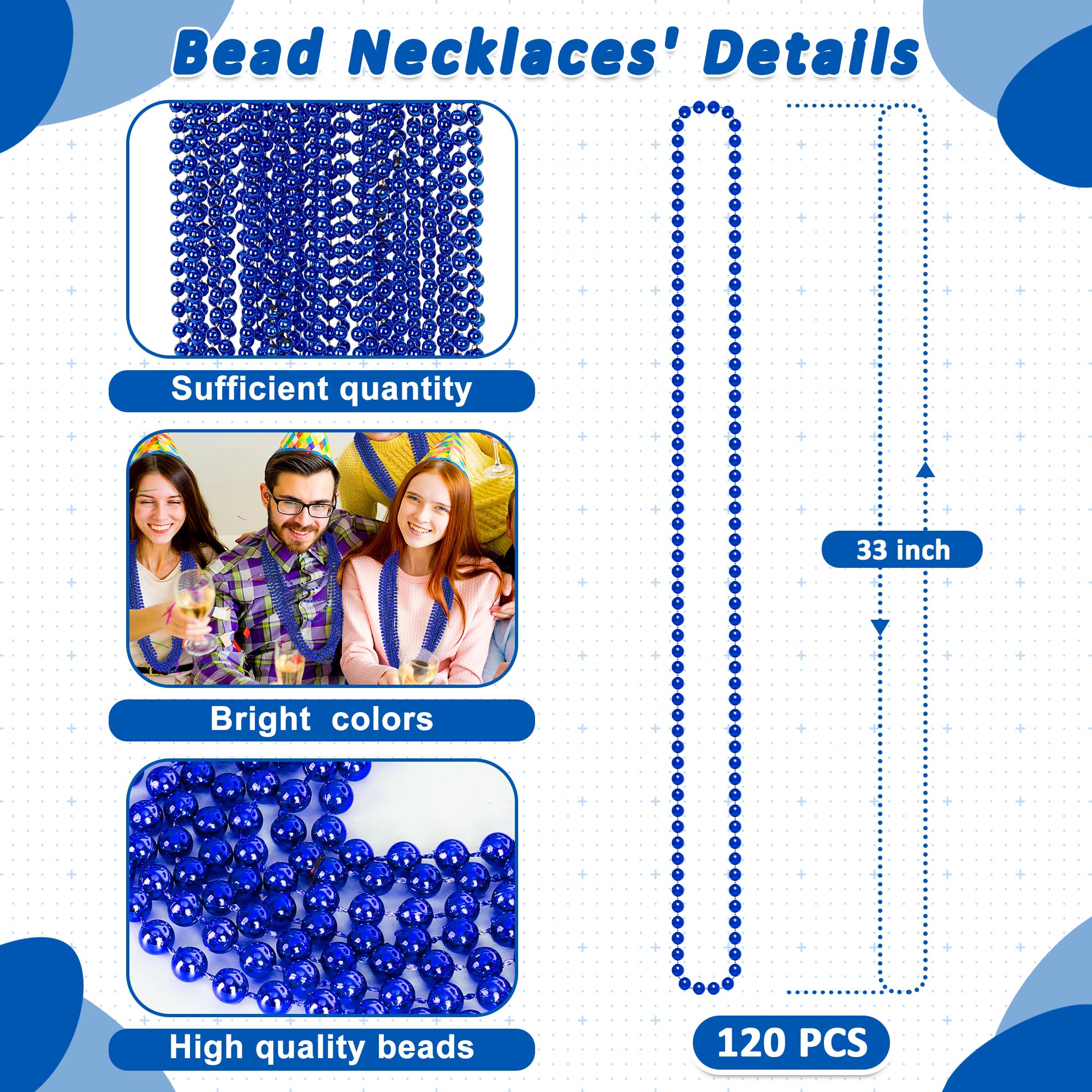 Mardi Gras Beads, 120 PCS Beaded Necklace, 33