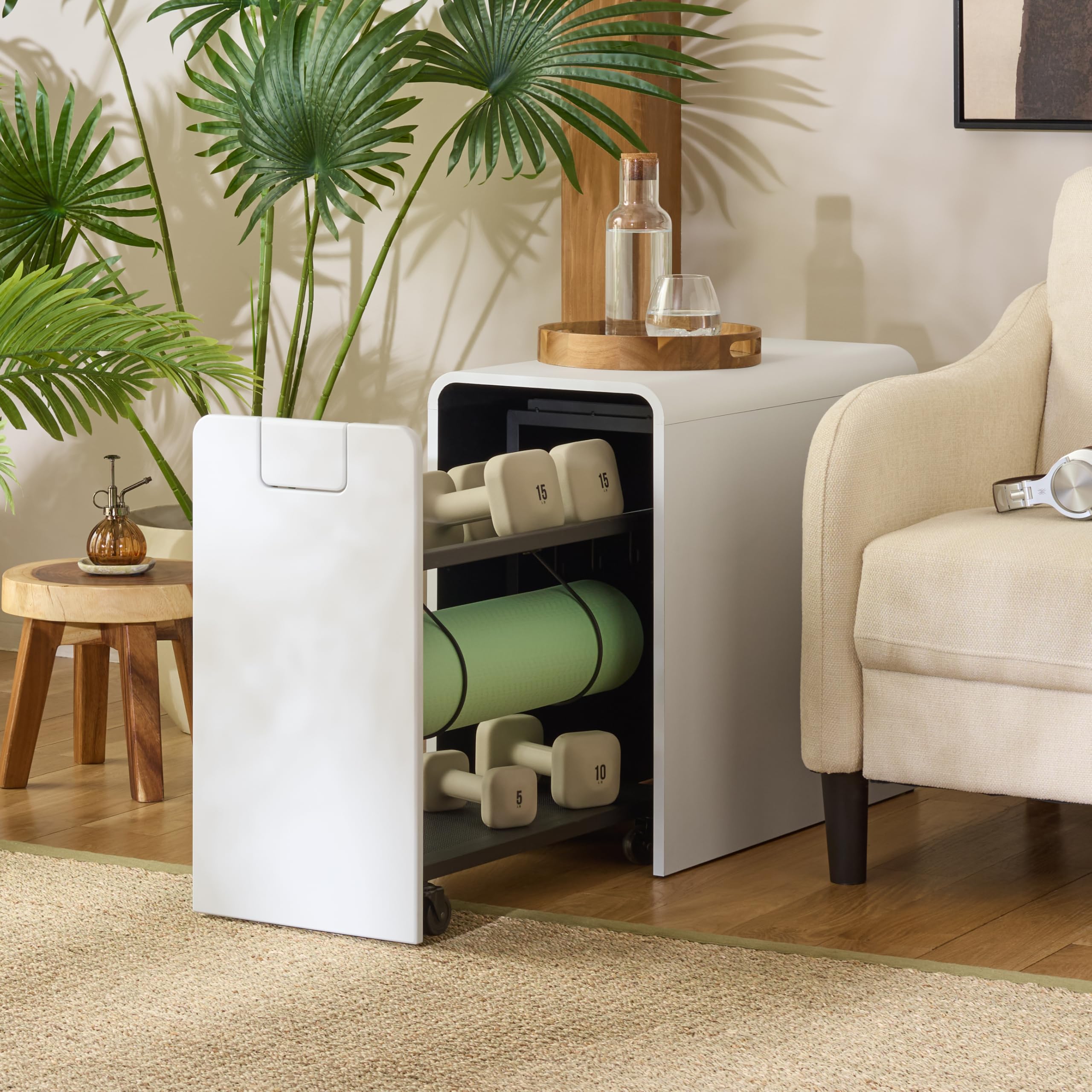 SEI Furniture Sidekick Rolling Workout Equipment Rack – Hidden Weight Storage Organizer with Hooks & Shelves for Home Gym, Yoga Mat, Kettlebell,