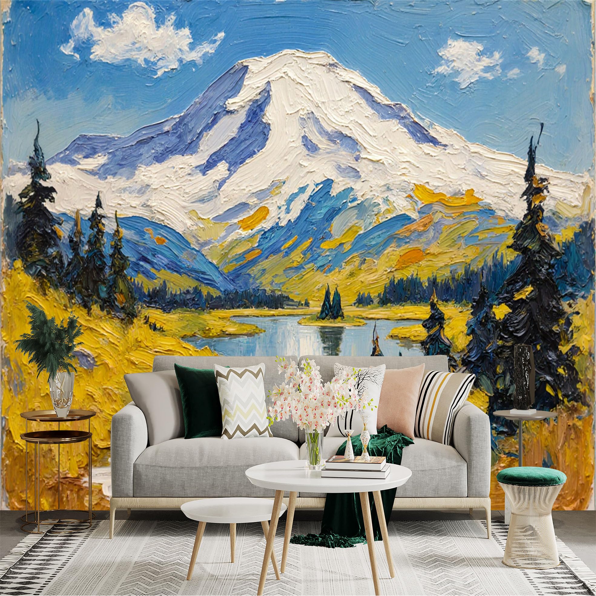 Custom Size Wall Sticker Mural， Snowy Mountain with Lake， Pine Trees and Blue Sky Landscape， for wall Decoration， peelandstick wall Decals.