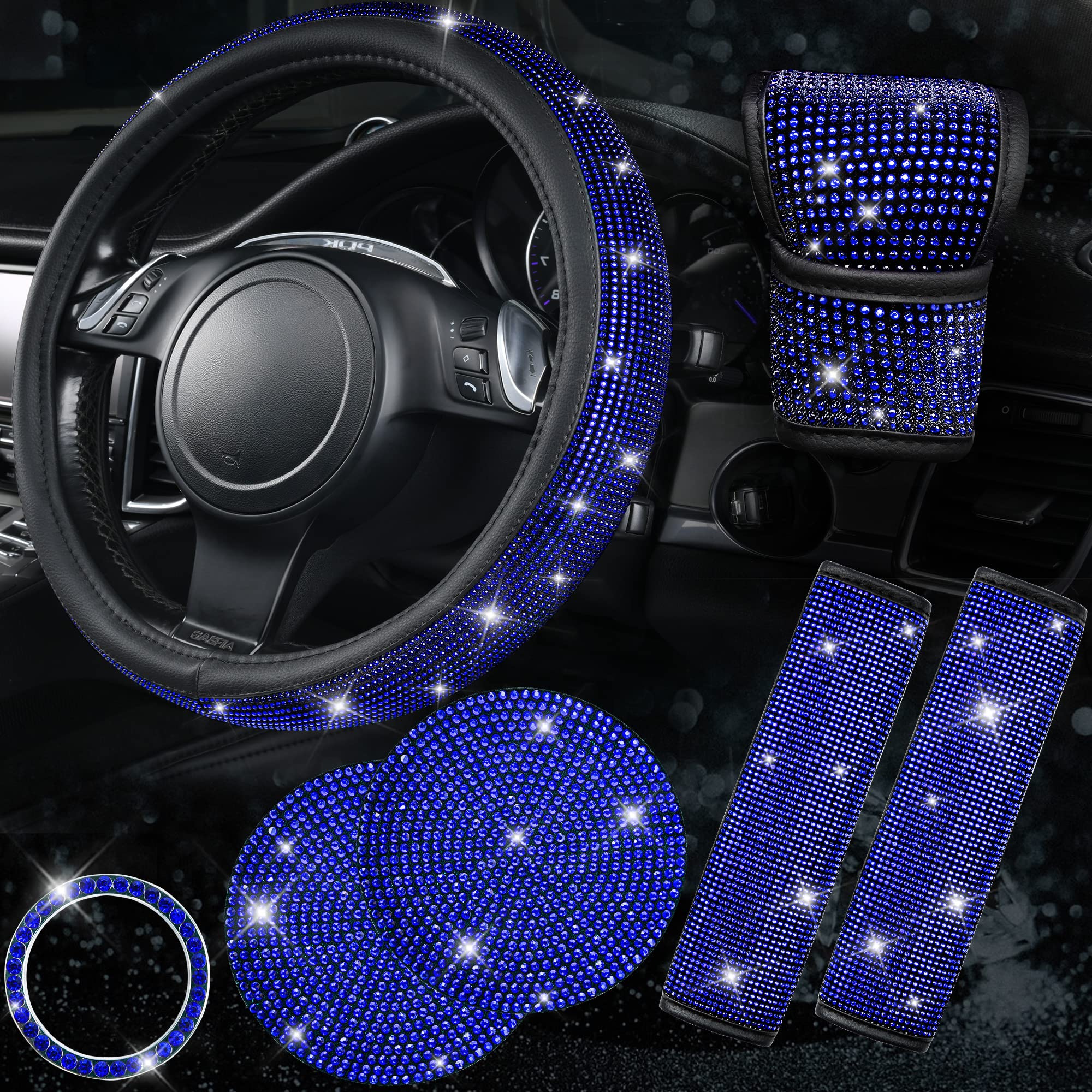 CAR PASS 7 PCS Bling Car Accessories for Women, Sparkly Rhinestone Diamond Steering Wheel Cover, Bling Seat Belt Cushion, Shift Knob Cover, Push Start Button Ring, Car Cup Holder Coaster, Blue