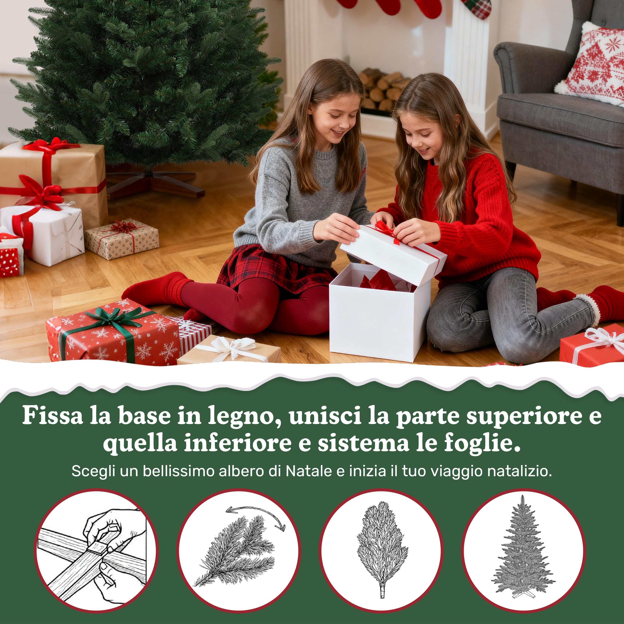Albero di Natale Artificiale DEWINNER 180 cm, Certificato FSC, Rami in PE/PVC Regolabili, Supporto in Legno Stabilizzato, Extra Denso e Realistico, Facile da Montare, Albero di Natale