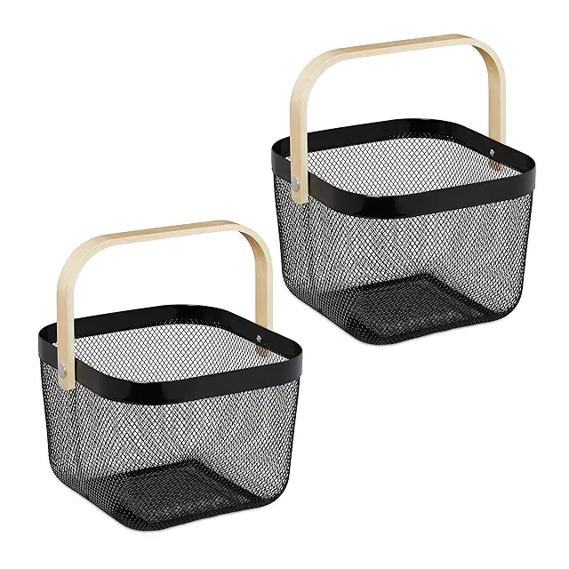 Bamboo Mand Wire Baskets, Set of 2, Black Metal Storage with Handle
