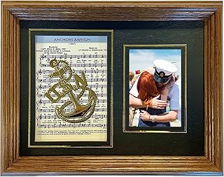 Northern Promotions United States Navy Wallet Size Photo Frame – 6x8 Display for 2x3 Military Portrait with Anchors Aweigh Music Sheet and Gold Badge – Oak Frame, Gift for Veteran Graduation